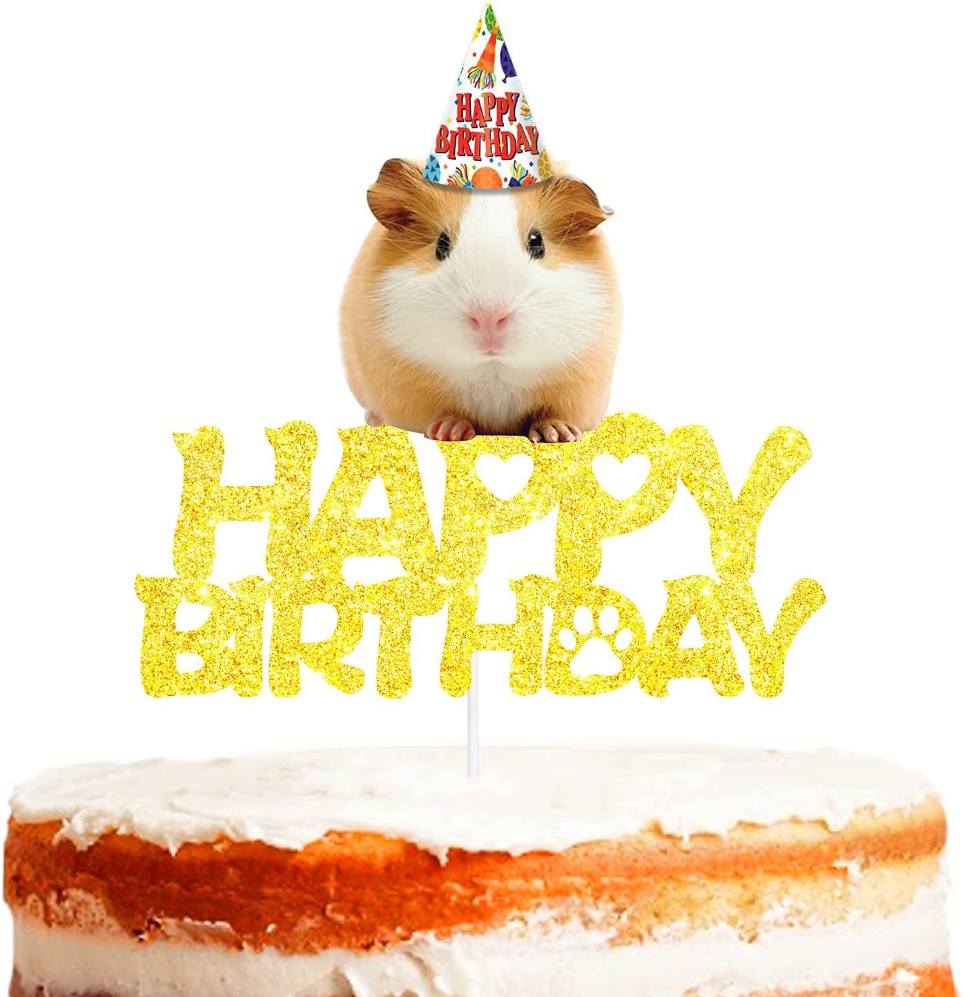 Cute Glitter Hamster Happy Birthday Cake Topper Baby Shower Boys Girls Birthday Party Decor Supplies Pick for Cute Lovely Guinea Pig Theme Decorations Gold