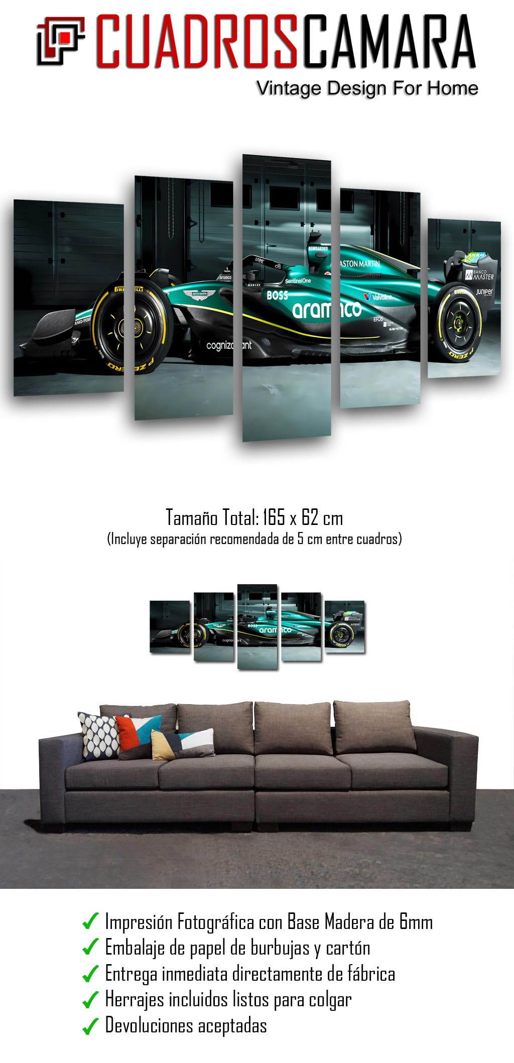 Set 3 Poster Da Parete Formula 1 2024 - Aston Martin AMR24 Di Fernando Alonso - Stampe Su Carta Lucida 140g - Dimensioni Totali 165x62 Cm - 2