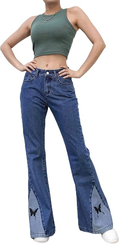 Amazon.com: Las Mujeres Y2K Flared Jeans Mediados De Cintura Mariposa  Impresión Jeans Patchwork Denim Baggy Pantalones 90s E Chica Streetwear, L,  Azul / Patchwork : Ropa, Zapatos y Joyería