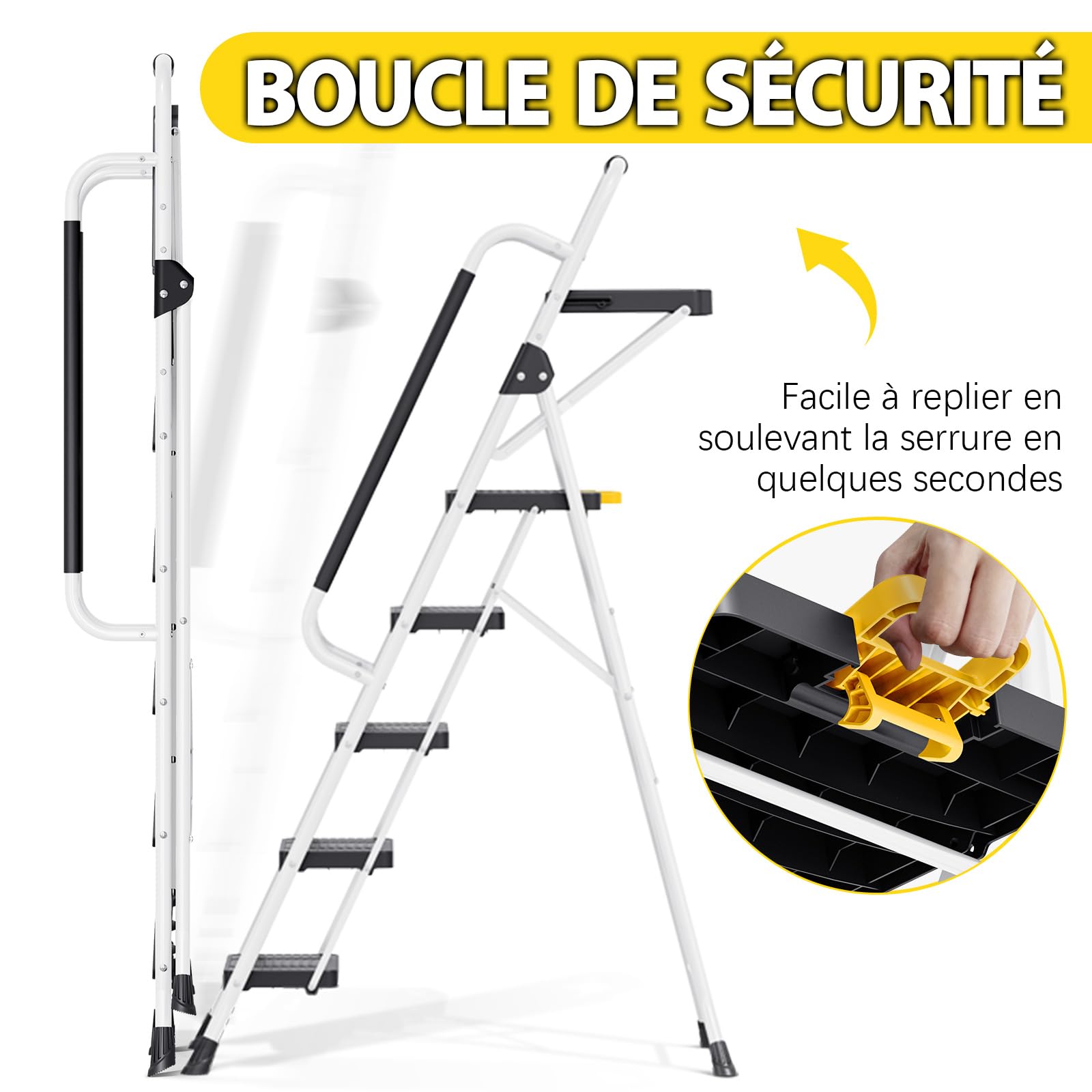 KINGRACK Escabeau Pliable 5 marches Charge maximale de 150kg Verrouillage de sécurité, pédales Larges accoudoirs escabeau escamotable légères pour la Maison, Cuisine, Placard et Bureau, Blanc