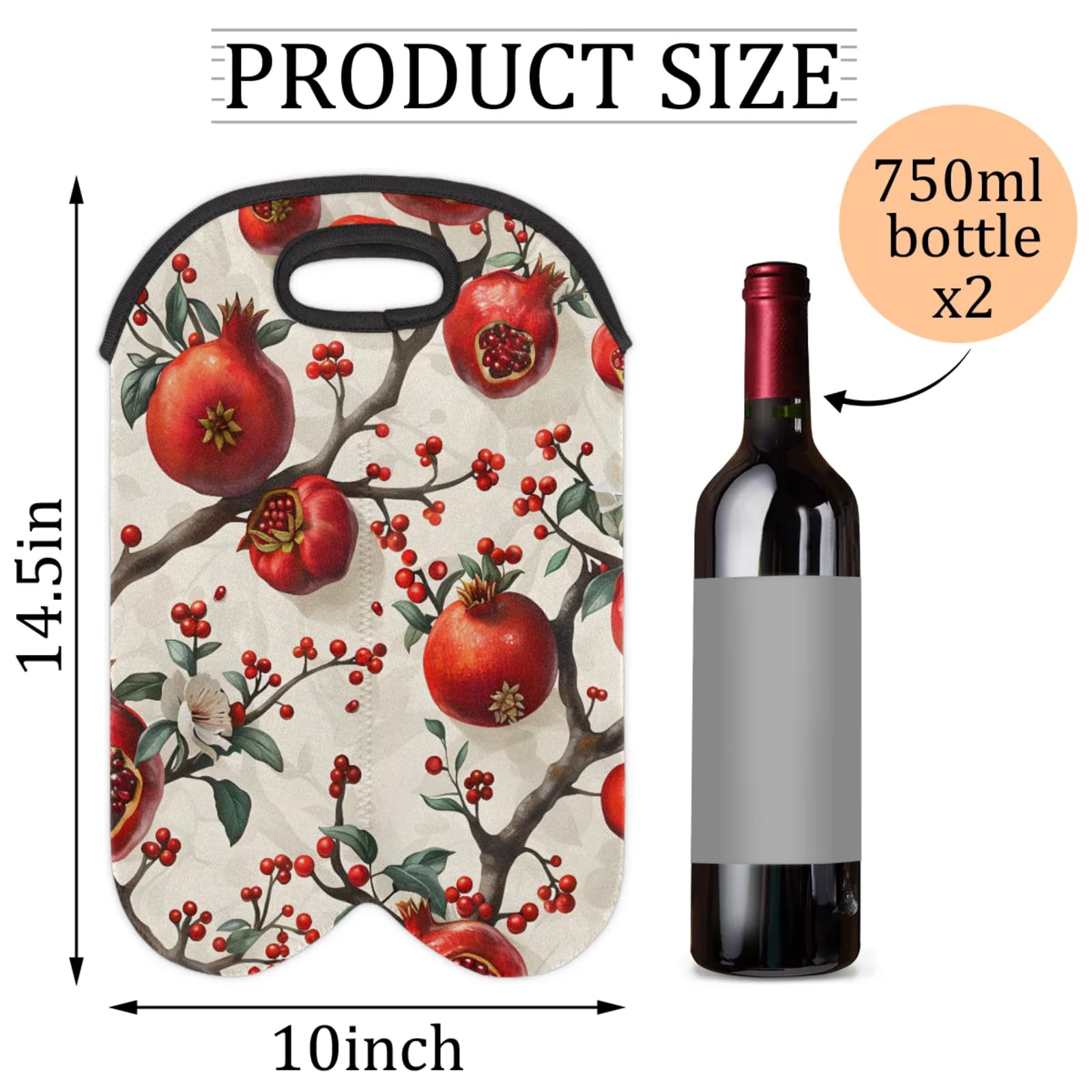 GzLeyigou 2 Bottles Pomegranate Wine Bag Sleeve Totes Tree Neoprene Protective Wine Carrier Bag for Wine,Water, Champagne, Beer, Baby Bottles,Gift 14.5 x 10 Inches