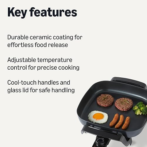 Miniatura 2 de Tienda Basics Sartén eléctrica y sartén con tapa de vidrio, revestimiento de cerámica antiadherente, 12 x 12 pulgadas, color negro