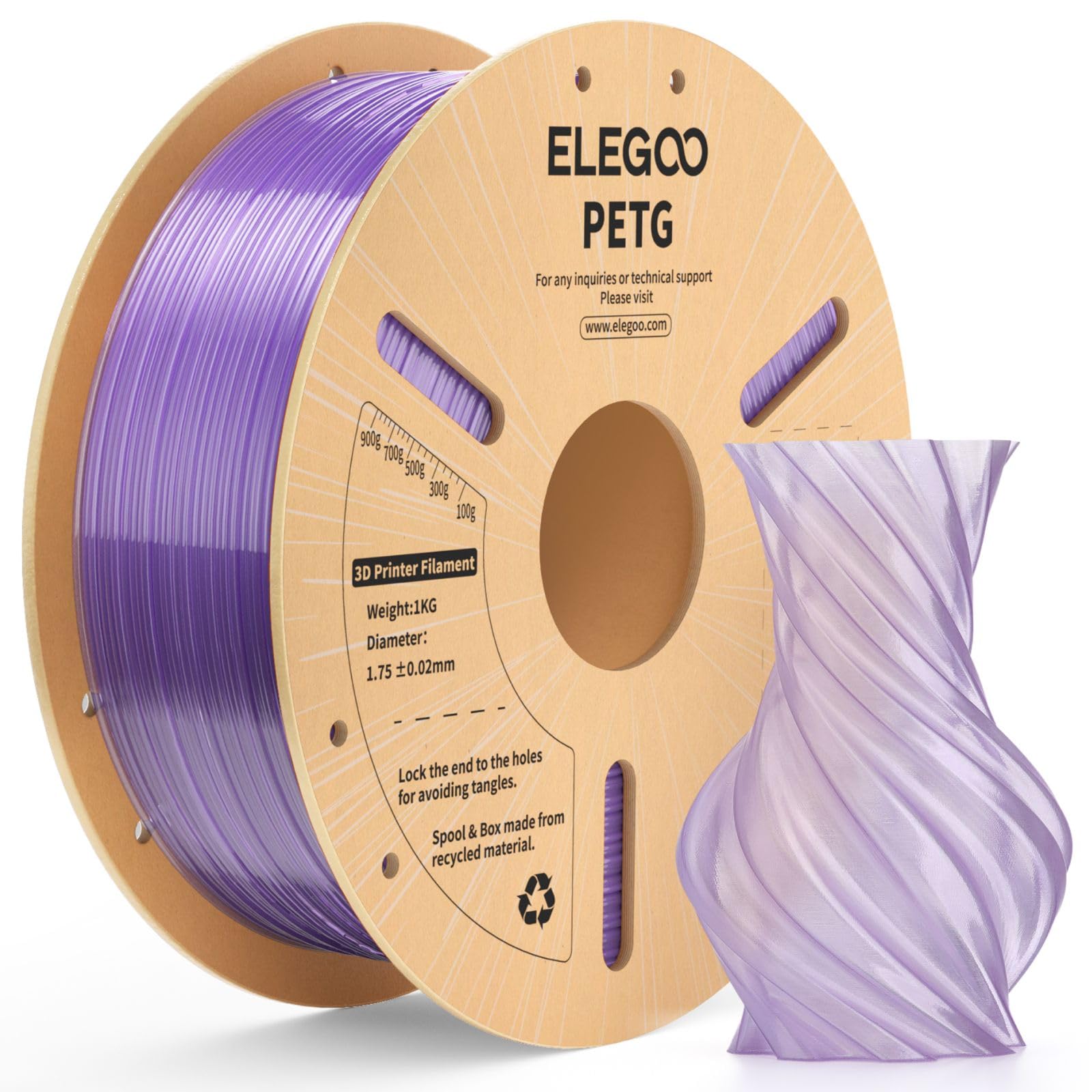 ELEGOO PETG 3D Printer Filament 1.75mm Transparent Purple 1KG
