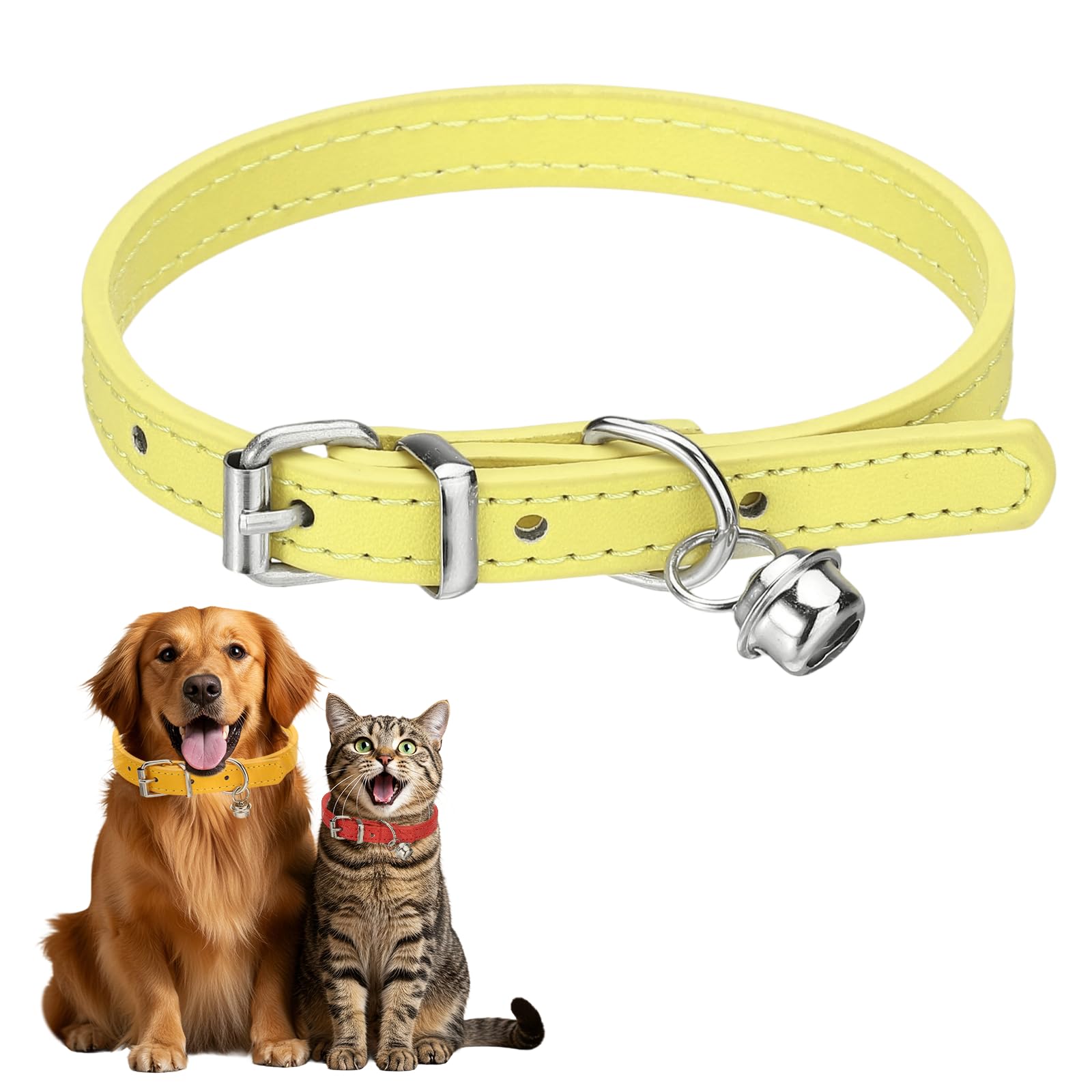 sourcing map Dog Collar with Bell, Pu Leather Cat Collars Pet Basic Soft Padded Adjustable Buckle, 12" (Yellow, 1 Pcs), Intended for Teacup/Little Dog/Kitten Cats/Small Animals