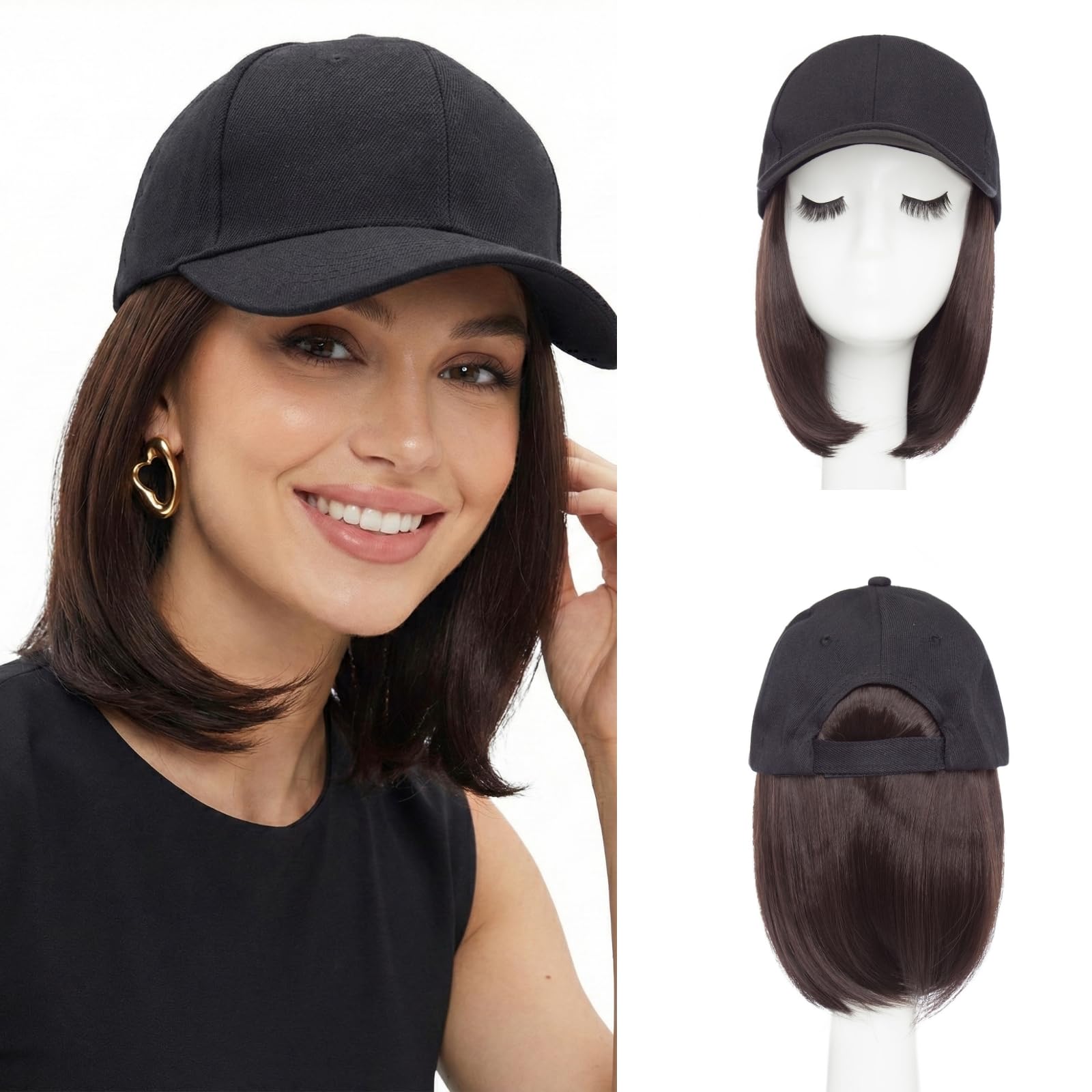 SEGO Pro Black Wig Hat, Baseball Cap with Hair Attached for Women, 6" Hat Wig with Heat Resistant Synthetic Hair Extensions, for Daily Wear, Busy Mornings- Straight, Warm Brunette