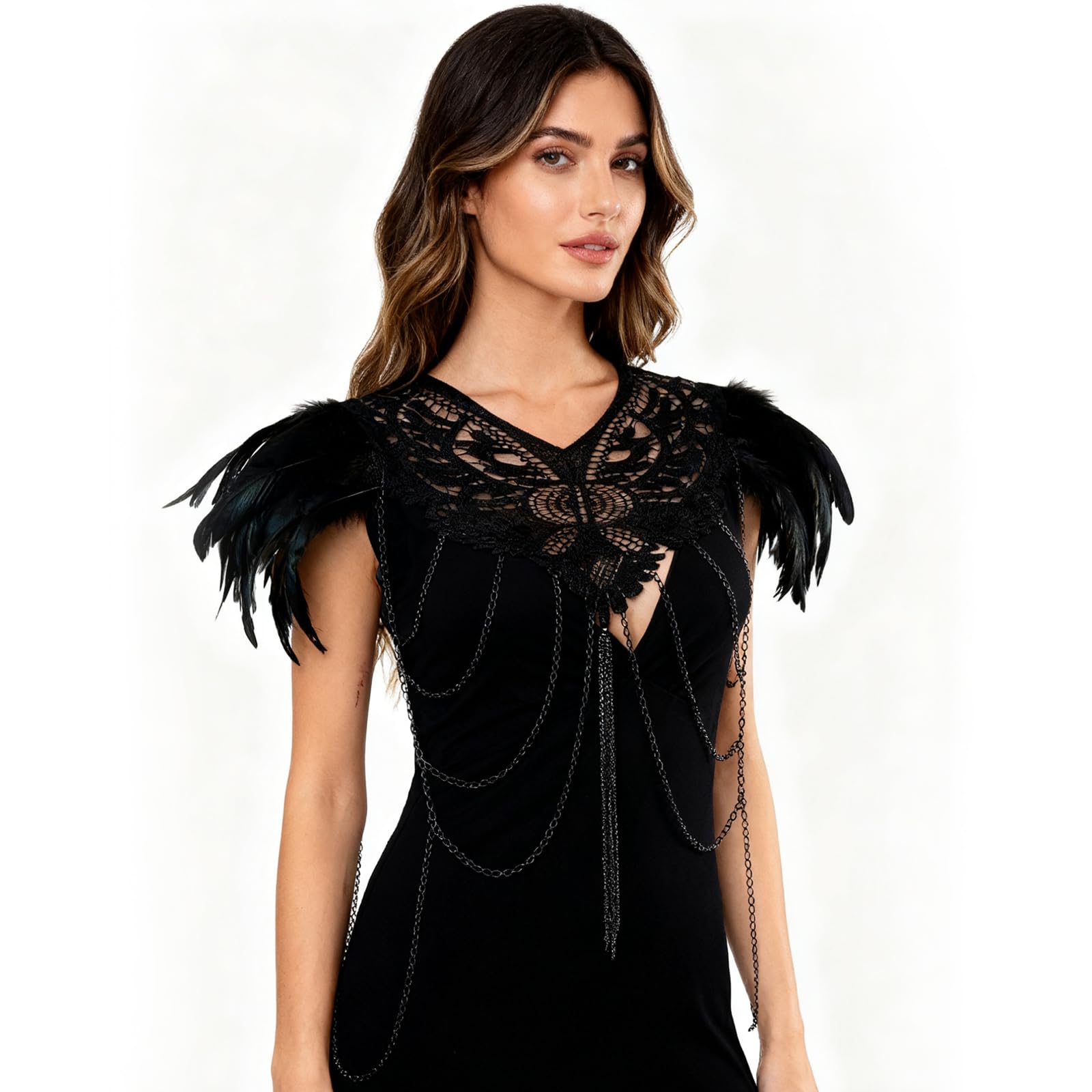 L'VOW Real Black Feather Harness Lace Collar Necklace Bib Halloween: X- Black
