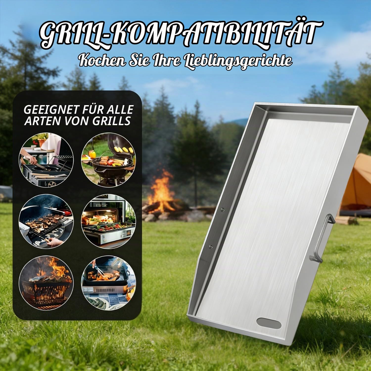 Grillplatte 40x30cm aus Edelstahl 304 mit Grillspachtel Set | Robuste 4mm Edelstahlplatte für Grill, Feuerstelle und Herd.Inklusive praktischem Zubehör für vielseitige Nutzung