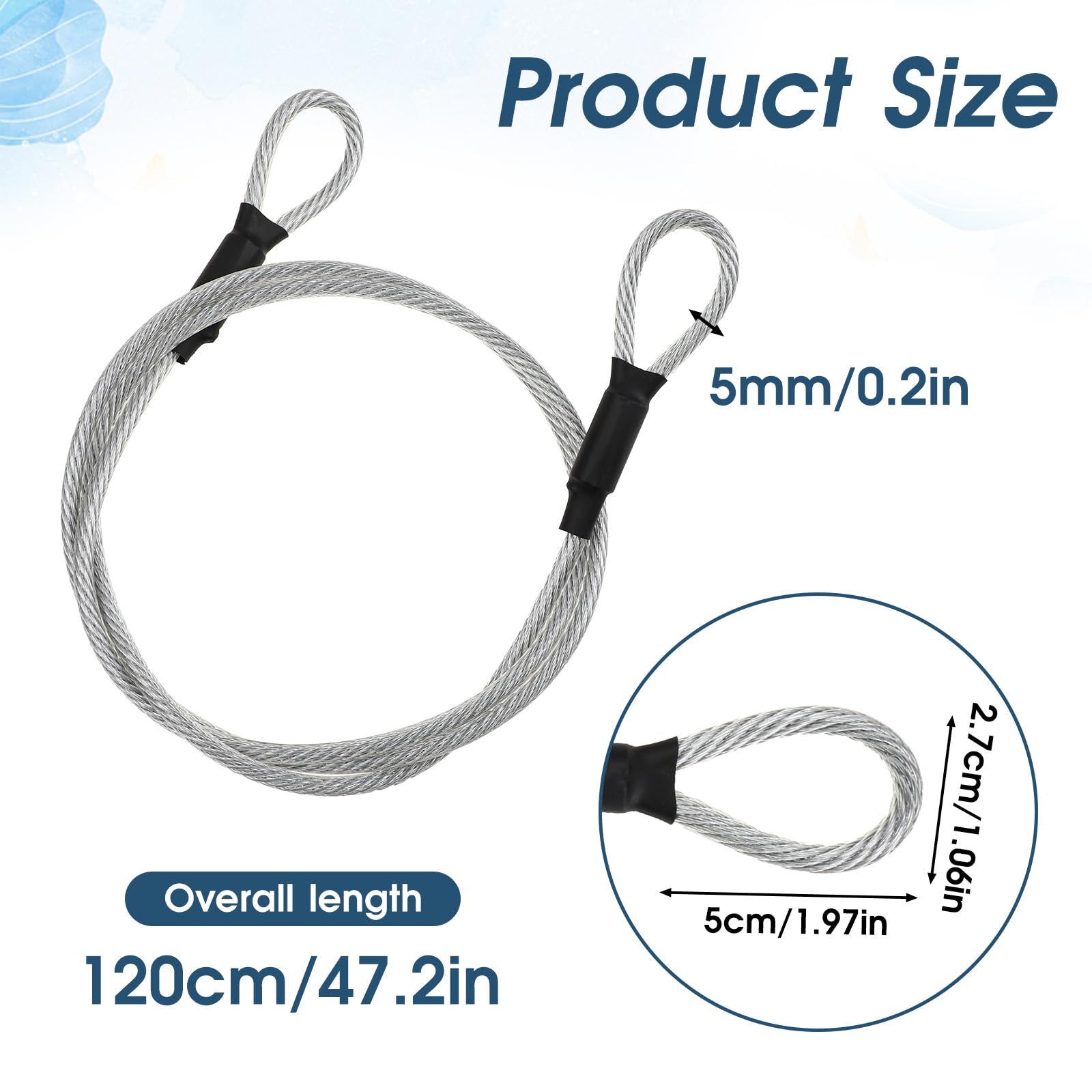 Lina Stalowa z Oczkami, 1,2 m x ø 5 mm, Kabel Bezpieczeństwa ze Stali Nierdzewnej, Srebrna do Pętli, Wytrzymała Druciana, Zapięcie do Mebli Tarasowych