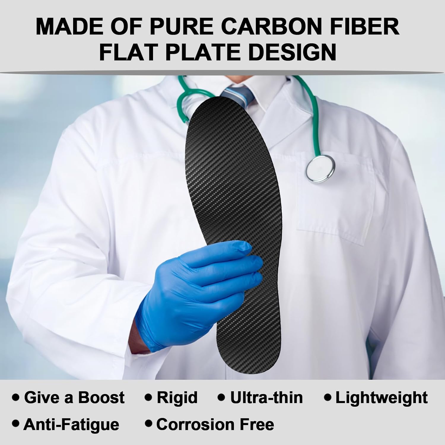 Carbon Fiber Insole for Turf Toe, Hallux Rigidus, Limitus, Foot Fractures, Arthritis, Rigid Graphite Shoe Insert for Sports, Hiking, Trekking, Alternative to Post Op Shoe - 1 Piece 245mm - Image 2
