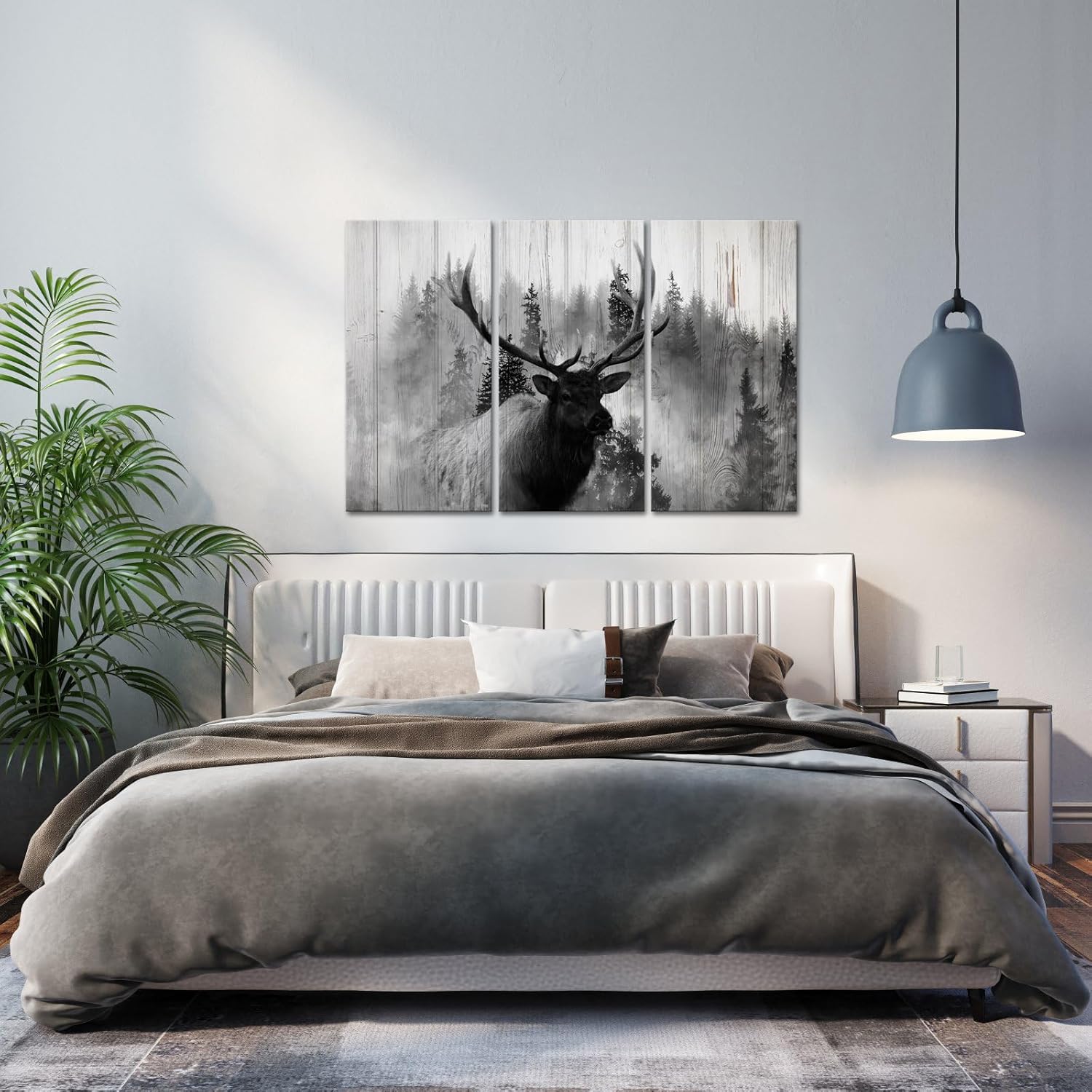 FuShvre - Deer Canvas Wall Art Black and White Elk in Foggy Forest Painting Picture Wild Animal Prints for Cabin Home Decor Framed