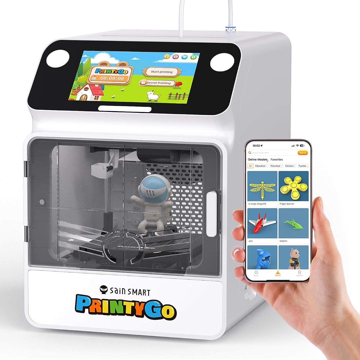 PrintyGo Mini 3D Printer for Kids, 600mm/s Auto Leveling Printer for Beginners with 5" Touch Screen, 1500+ Models, Child-Safe Design, Wi-Fi/App Control, Pre-Assembled for STEM Learning Gift