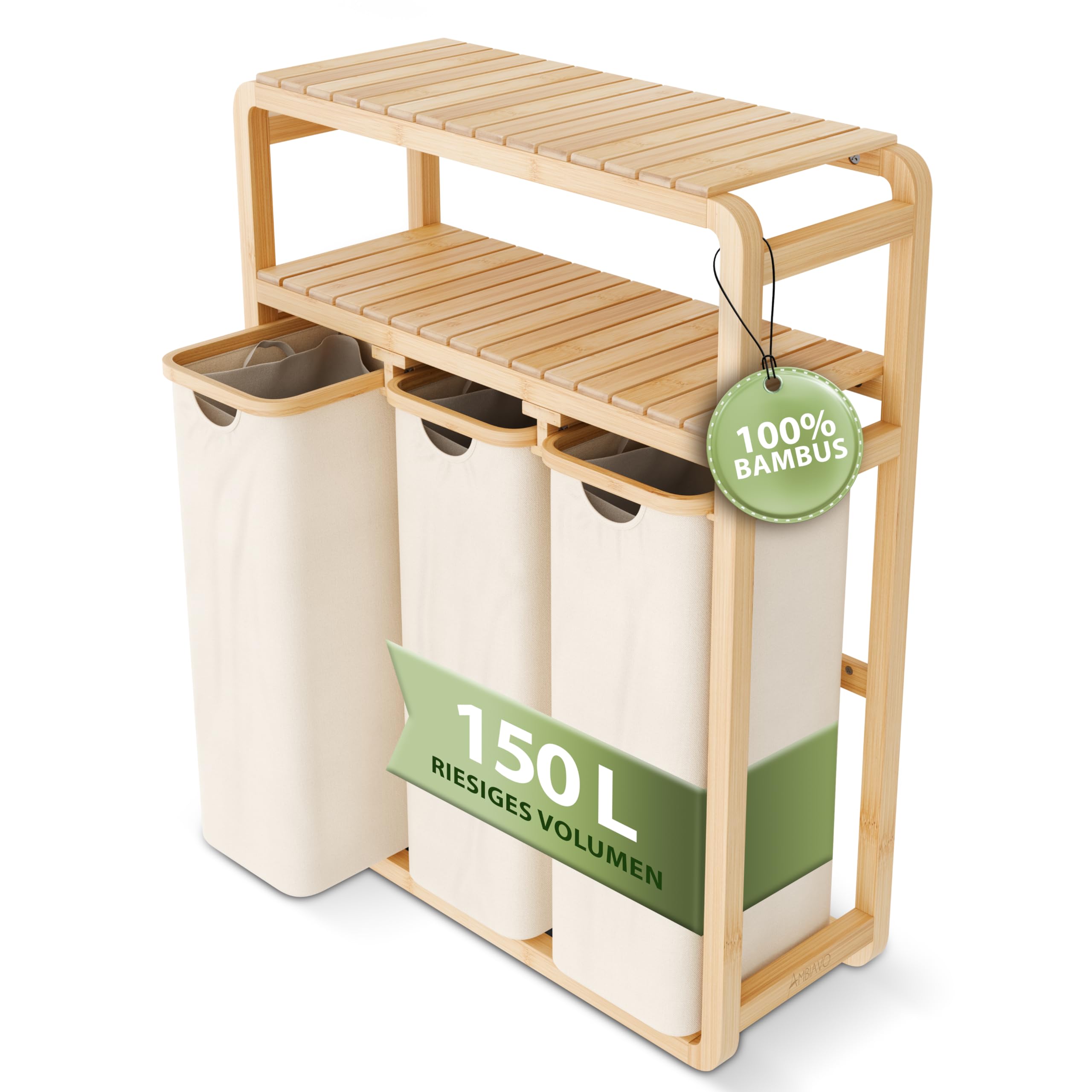 Panier à linge beige en bambou avec sacs amovibles, parfait pour l'organisation de la salle de bain