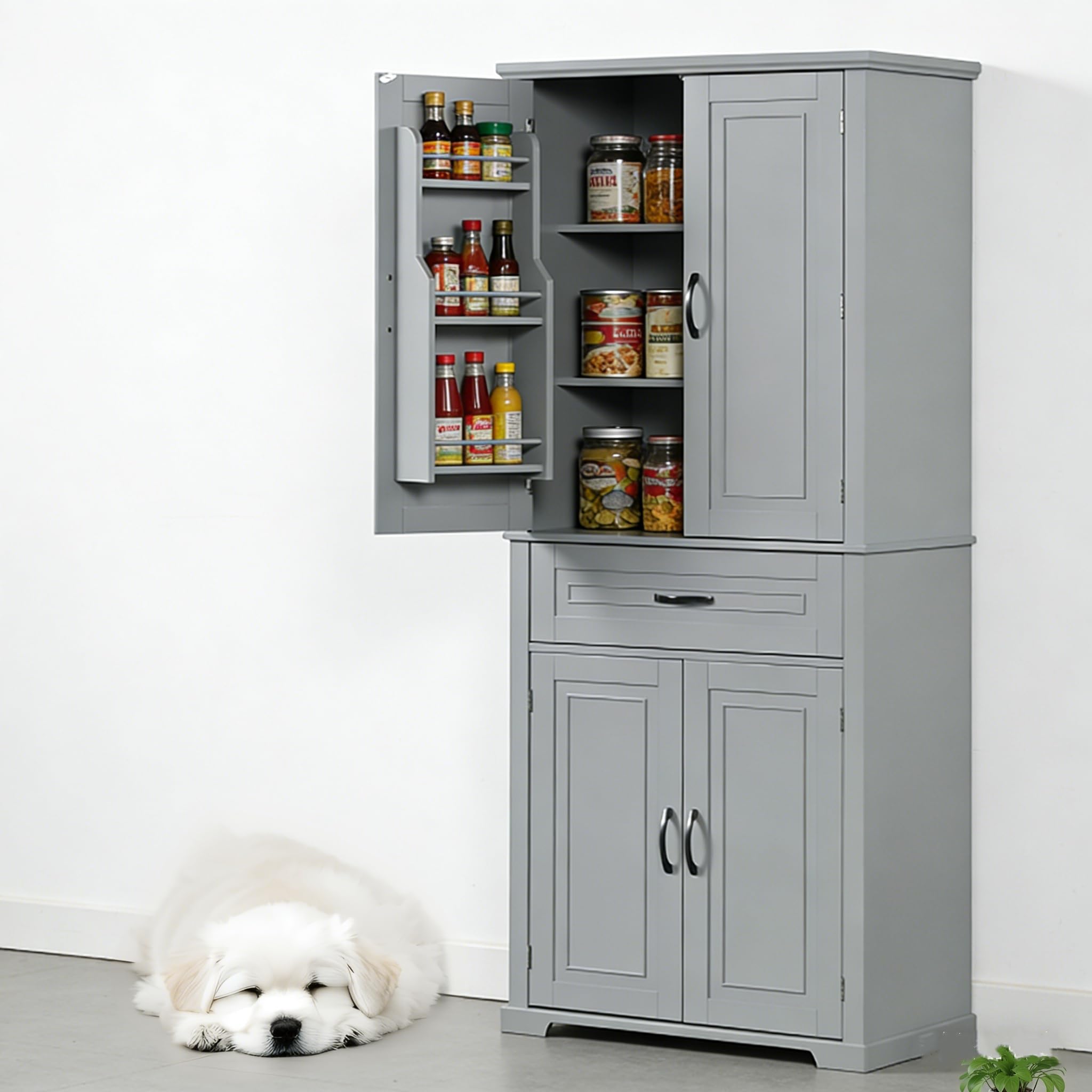 Ball & Cast 72″Tall Freestanding Kitchen Pantry Cabinet with Drawer,Versatile Modern Pantry Storage Cabinet w/Adjustable Shelves and 6 Door Shelves,for Kitchen and Dining Room,Grey