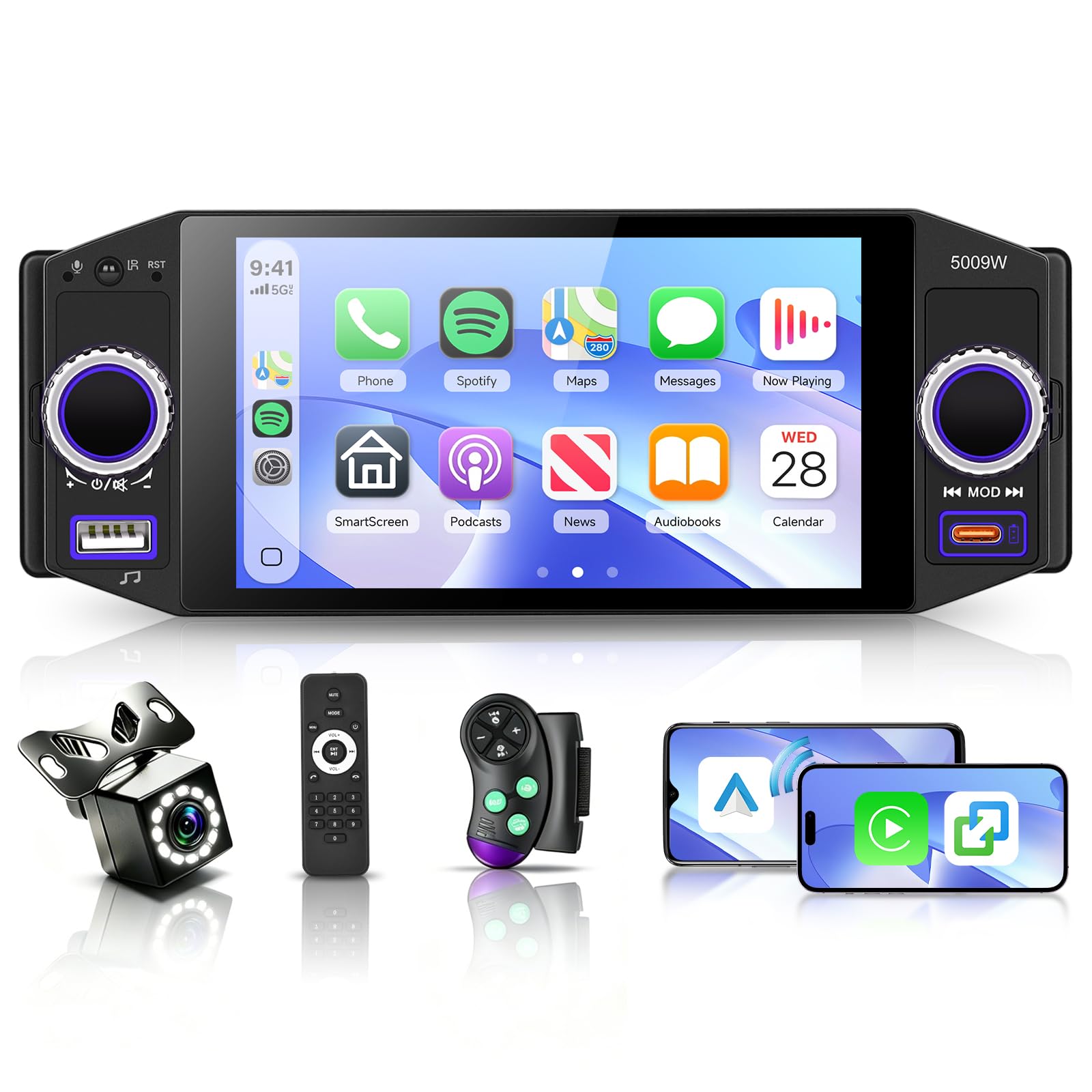 Hodozzy Radio 1 DIN con Pantalla CarPlay, Android Auto y AirPlay Inalámbrico, Pantalla Táctil 5 Pulgadas, Am FM y RDS Radio Coche con Bluetooth, Reproductor MP5 1 DIN, Type-C, USB, Cámara Trasera