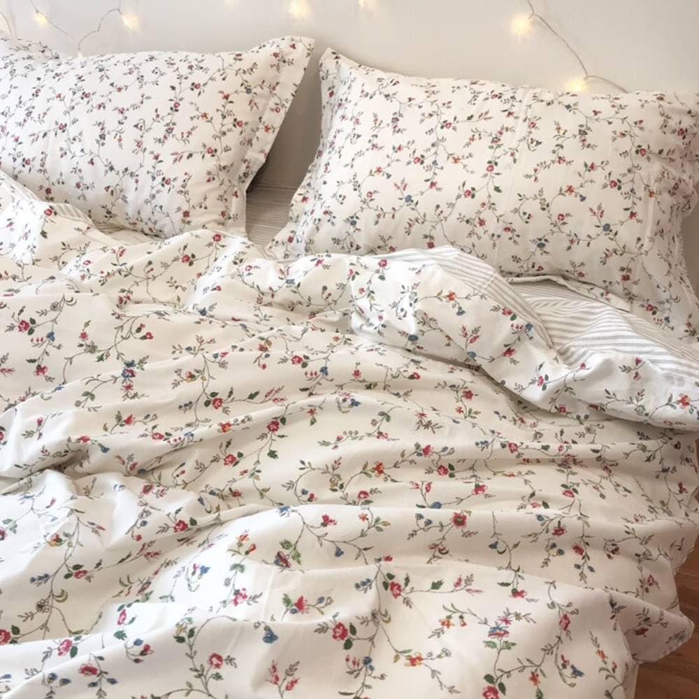Covebett Grey and White Striped Duvet Cover Sets Single Colourful Floral Flowers Leaves Microfibre Bedding Set 2pcs Aesthetic Teen Girls Quilt Cover 135x200 with Zipper Closure and 1 Pillowcase 50x75