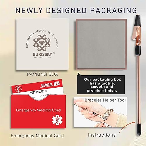 Miniatura 6 de Pulseras de alerta médica personalizadas para mujeres con grabado gratis, pulsera de identificación de emergencia personalizada impermeable para