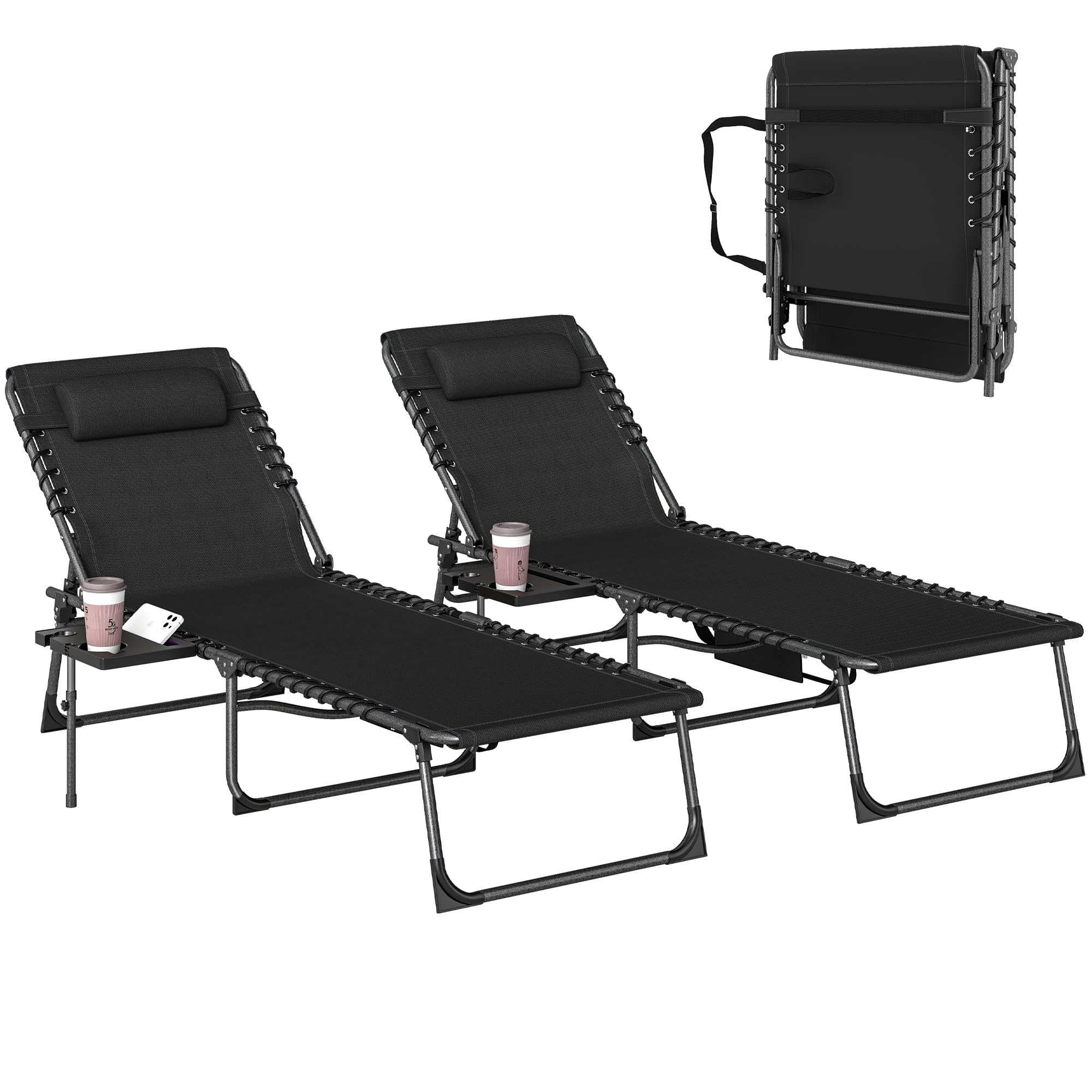 Outsunny Folding Sun Loungers Set of 2 with Cup Holder, 5-Position Adjustable Reclining Garden Loungers, Portable Recliner Sunbed with Side Pocket, Head Pillow for Patio Beach Camping, Black โ image 1