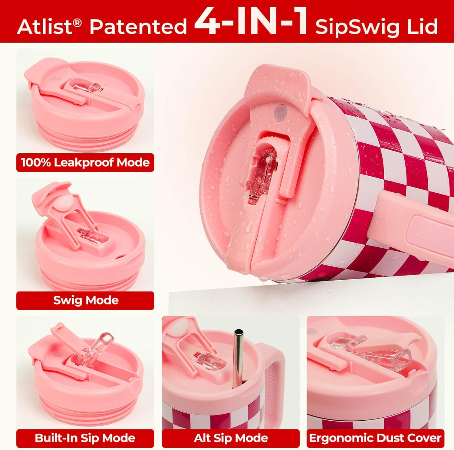 ProTour 100% Leakproof 40 oz Tumbler with Handle & 4-in-1 SipSwig Lid | Built-In Flip Straw & External Stainless Steel Straw | Insulated Stainless Steel Cup | BPA-Free | Pink Checkered - Image 2