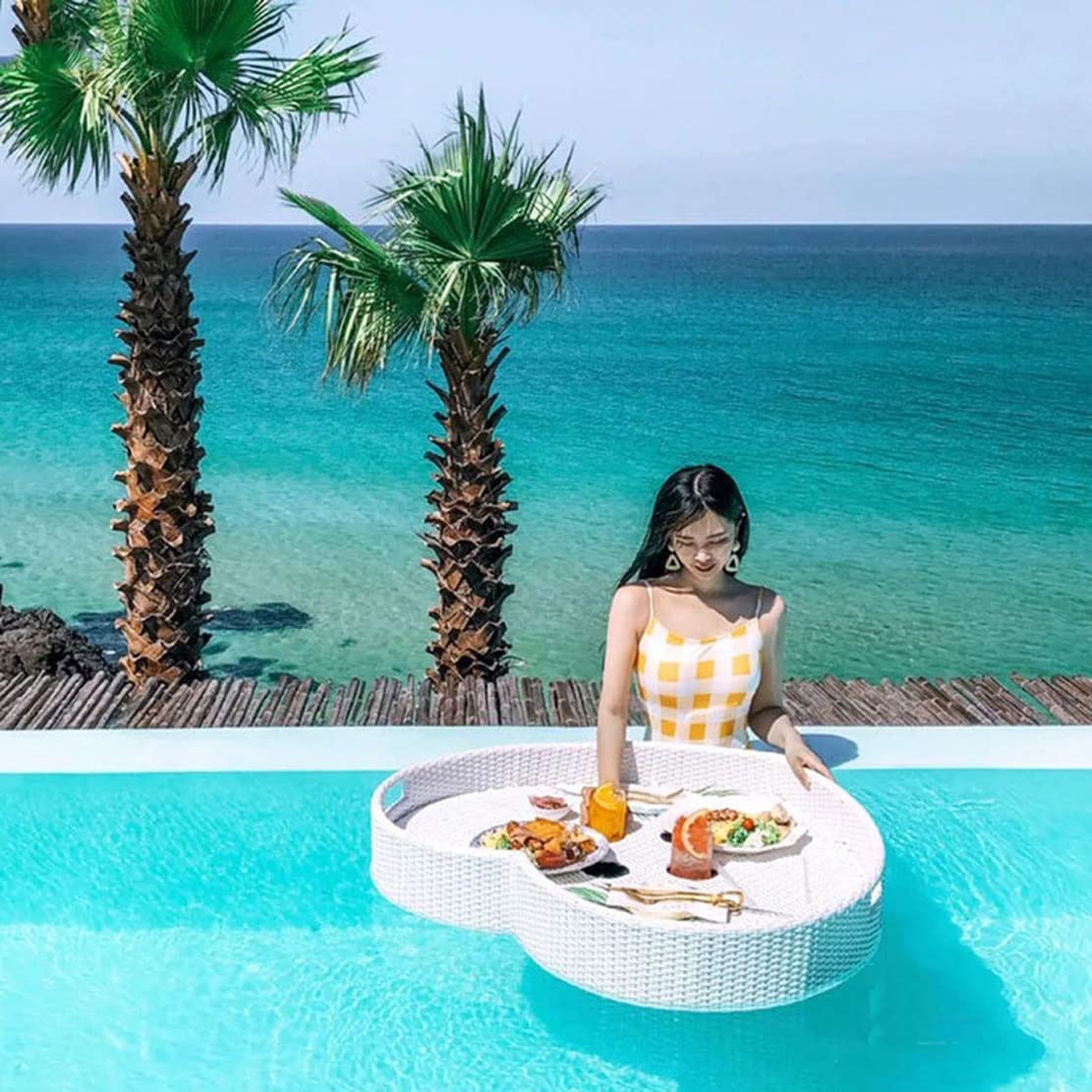 Vassoio galleggiante in rattan, per bar, spa, bagno, feste, per bevande, insalata, frutta, piscina, con manici