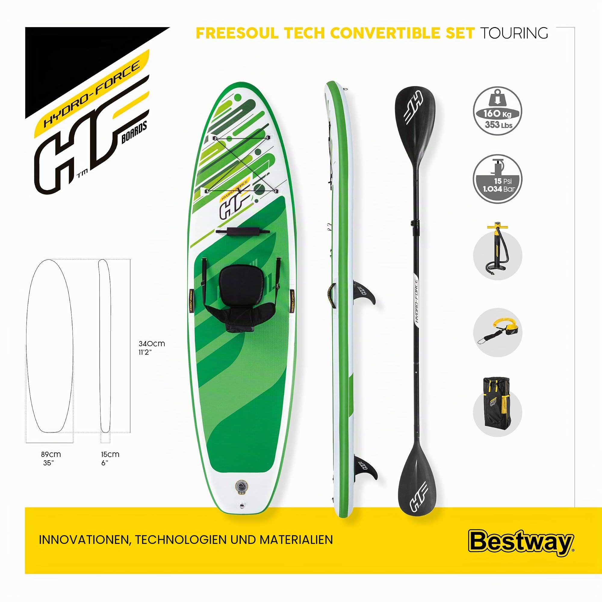Hydro-Force SUP, aufblasbares Stand Up Paddle Board, Komplett-Set mit Kajak-Umbausatz, mehrere Stile, Größen 30 cm, 3 m