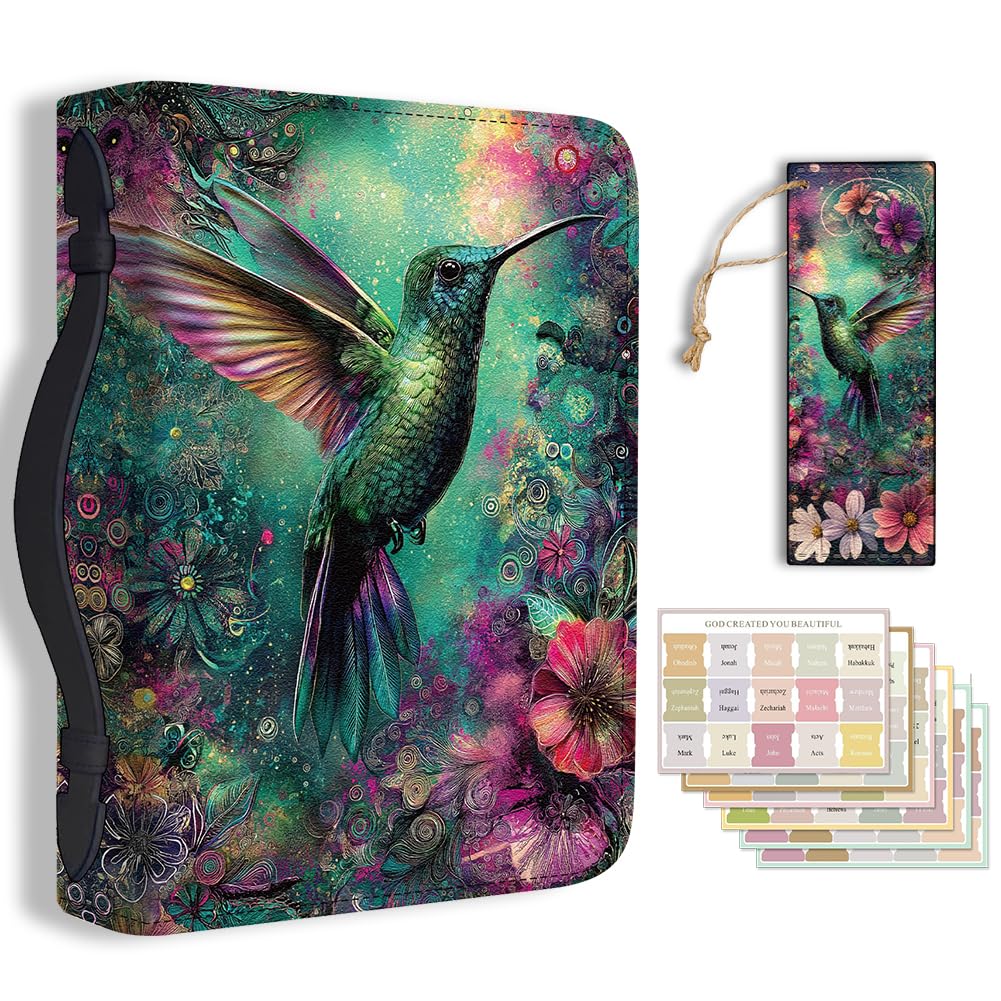 Hobbspring Hummingbird Bible Cover Case for Women Flowers Bible Cover with Bookmark Mystery Dreamy Durable Carrying Book Cases with Handle Zipper PU Leather Bags for Adults Students(Green Pink)