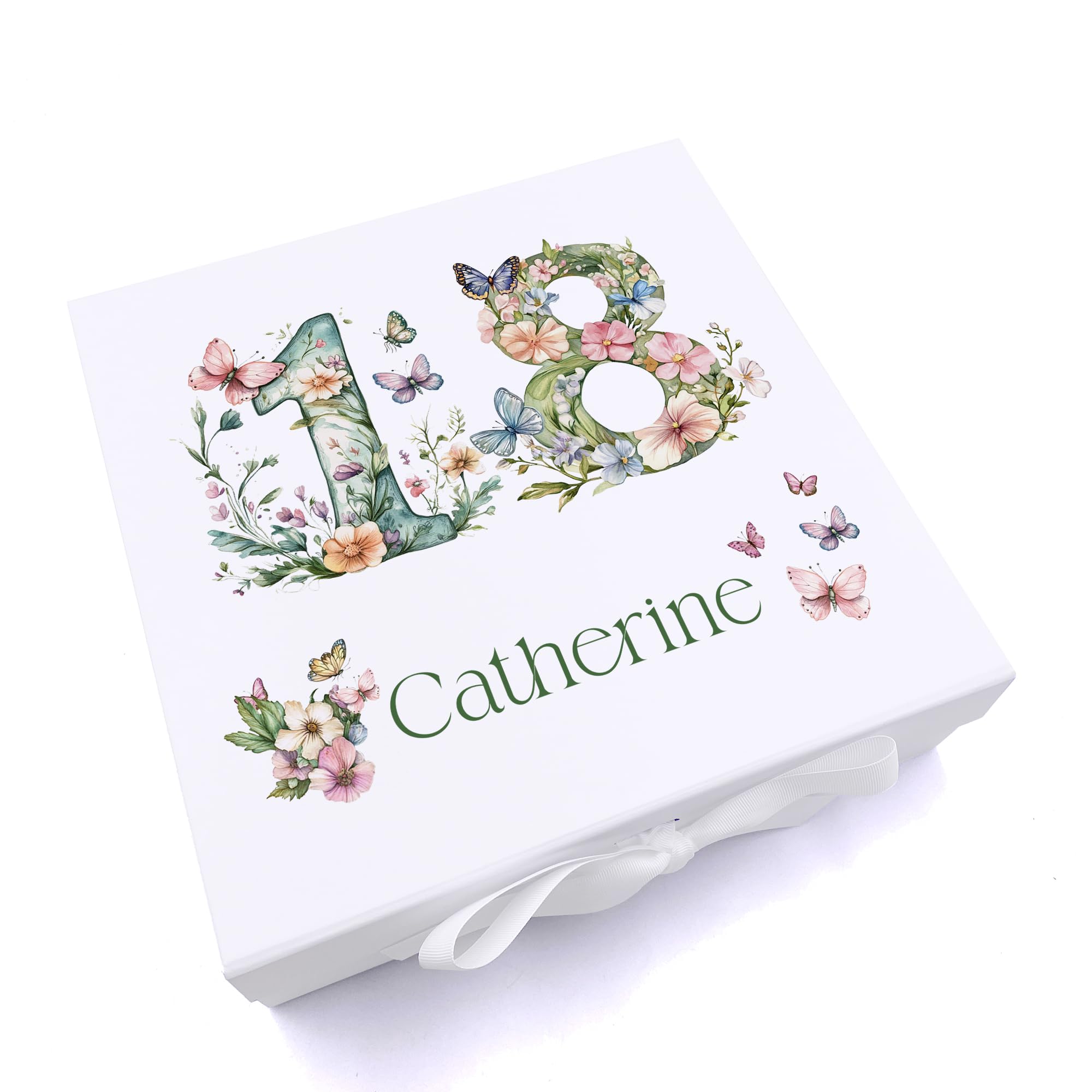 ukgiftstoreonline Personalised 18th Birthday Memory Box, Floral and Butterfly Design, Wood, Keepsake Storage Gift (Ribbon Box, Medium)