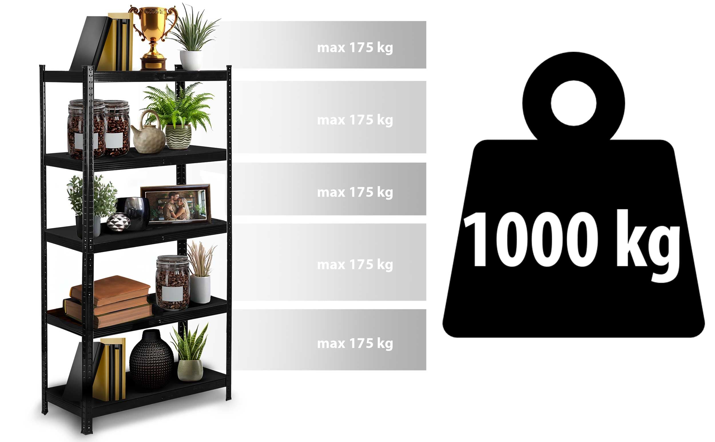Humberg Regal Kellerregal Lagerregal Metallregal Schwerlastregal Belastbar Bis 875 kg 5 Ablagen Abgerundete Ecken 180 x 90 x 40 cm Schwarz