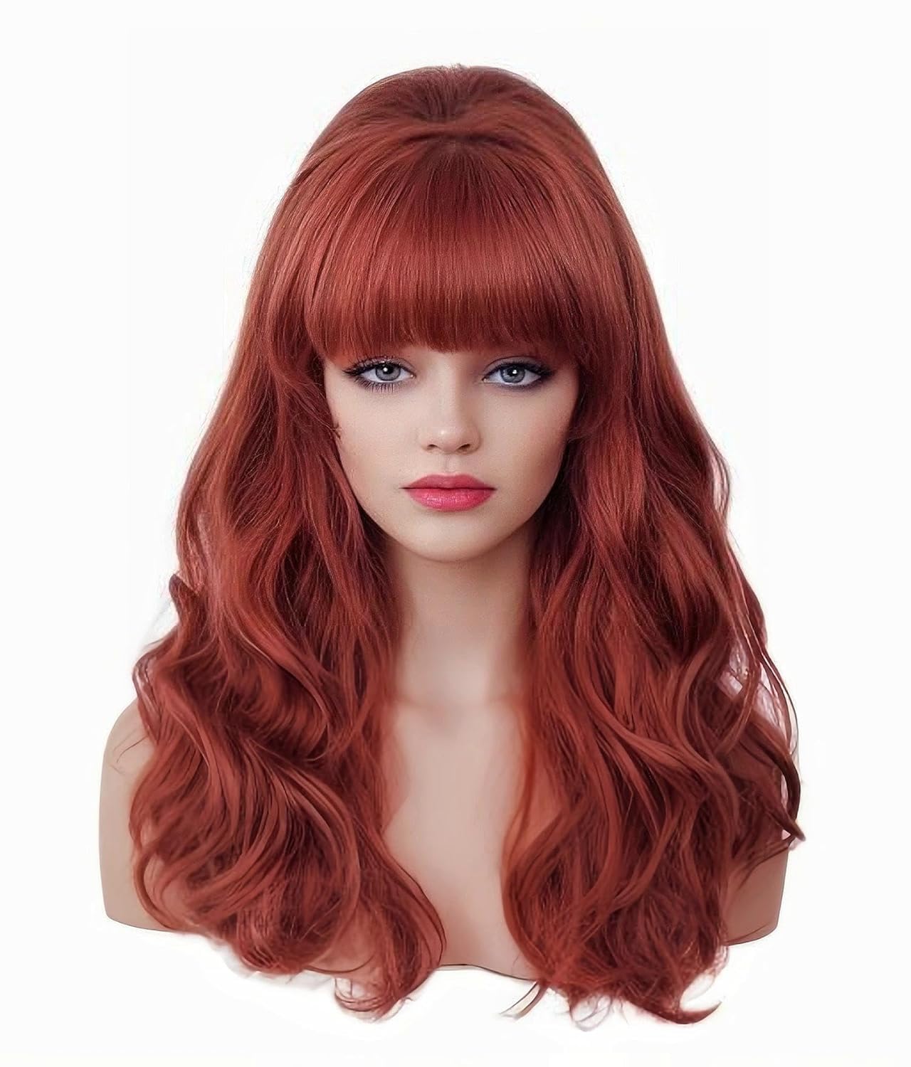 Rugelyss Vintage Long Wavy Auburn Wig with Bang Big Bouffant Beehive Wigs for Women Copper Red Synthetic Hair Wig fits 70s 80s Costume or Halloween