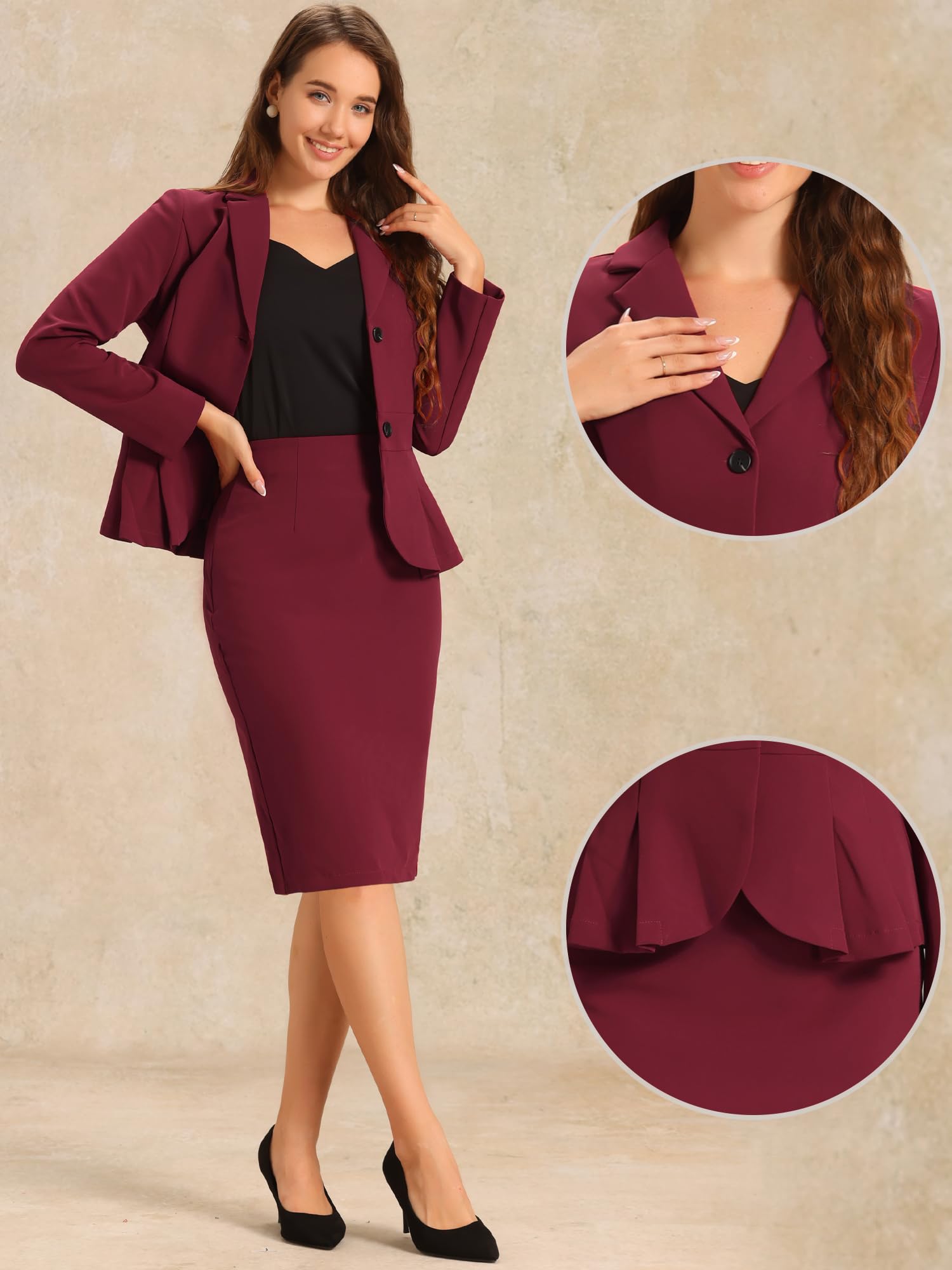 Allegra K Ensemble 2 pièces de jupe de costume pour femme, blazer et jupes crayon, tenues formelles, bureau, affaires, tenues décontractées, rouge vin, Taille 3XL