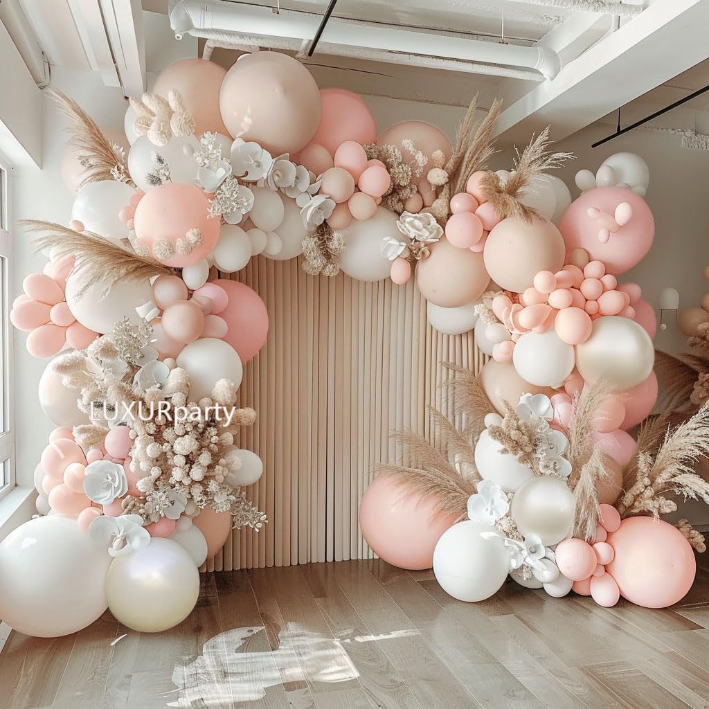 Pink White Balloon Garland Double Stuffed Pink Beige Cream Peach Pastel Balloon Arch Kit Pearl Sand White Balloons for Baby Shower Birthday Wedding