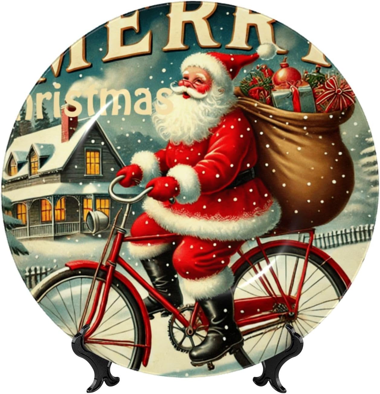 Santa-Claus-Riding-Bicycle 10 Inch Decorative Plate With Stand, Elegant Display Wall Plate For Home Decor