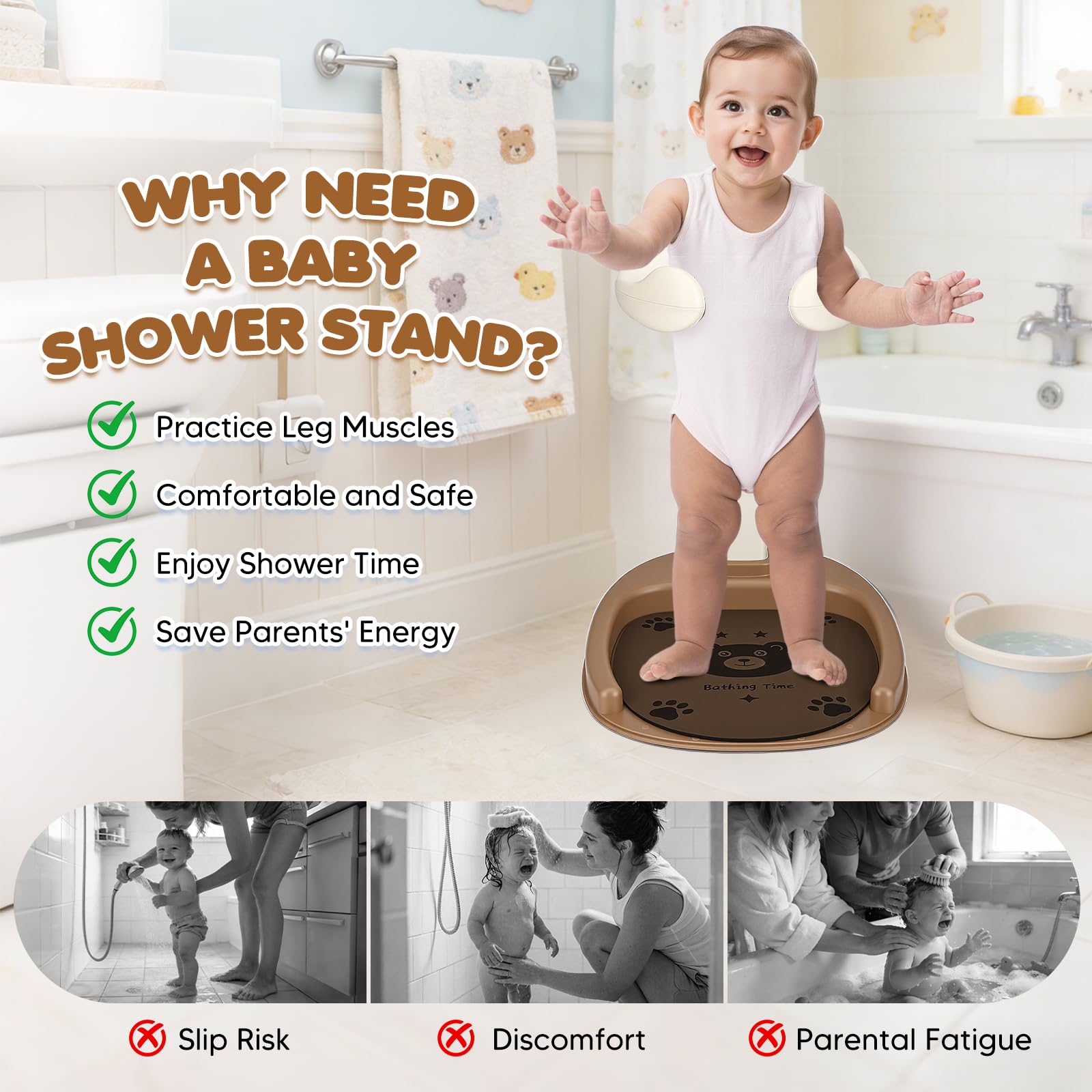 Soporte Ducha Bebé Regulable 6-36 Meses con Asiento Desmontable | Soporte de baño bebé sin BPA con base antideslizante, soporte para ducha y 8 alturas ajustables para baño y cambio