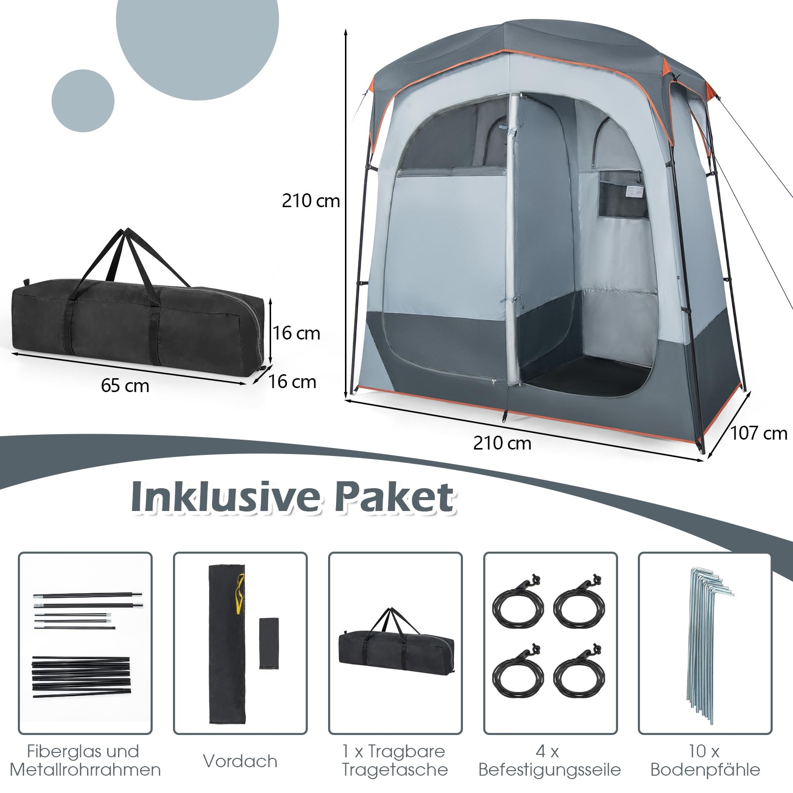 GYMAX Pop Up Duschzelt, Privatsphäre, Toilettenzelte mit Tragetasche, Umkleidezelt für 2 Personen, 210 x 107 x 210 cm