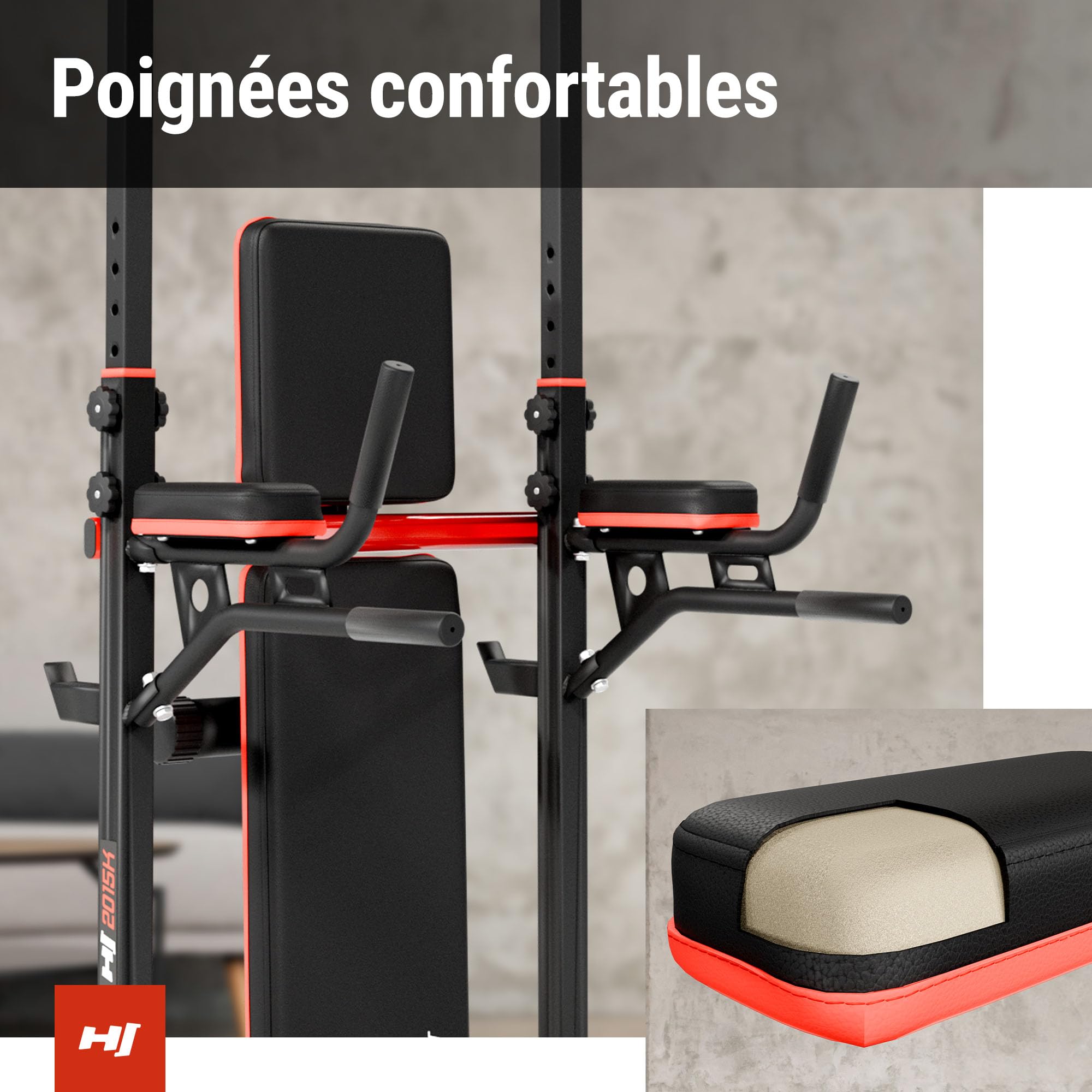 HOP-Sport® Power Tower HS-2015K avec Station de dips et Barre de Traction, Chaise Romaine avec Banc de Musculation Pliable et Support pour haltères, Station de Musculation avec Charge Max. 150 kg