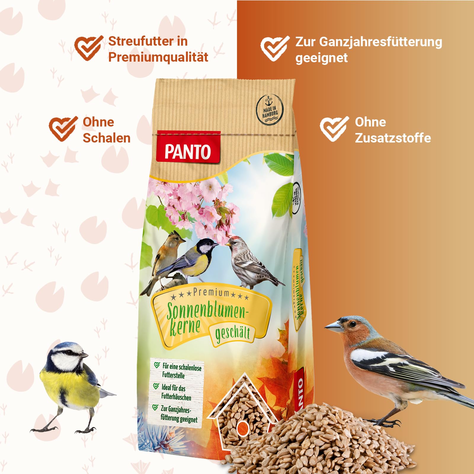 PANTO Sonnenblumenkerne geschält 25 kg – Wildvogelfutter ganzjährig | Reine, schalenlose Kerne ohne Schalenreste – energiereich für Körner- & Weichfresser an Futterplatz & Vogelhäuschen