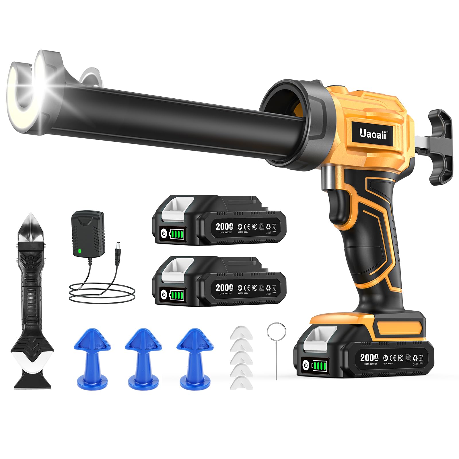 Electric Caulking Gun, Cordless Caulking Gun w/ 2 Batteries, 9Pcs Silicone Caulking Tools, 4 Adjustable Speeds, LED Light, 10OZ/300ML Caulk Gun Drip-Free Adhesive for Filling, Sealing