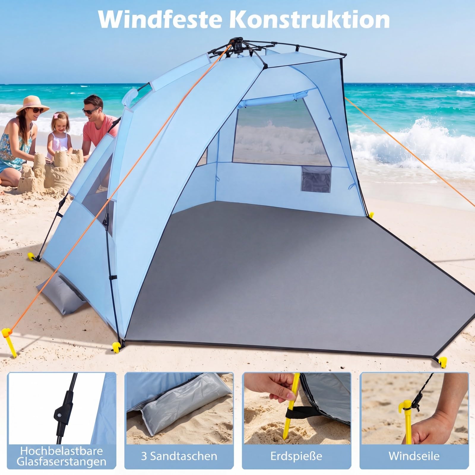 COSTWAY Namiot plażowy Pop Up dla 3-4 osób, namiot plażowy z torbą do przenoszenia, śledziami i 3 kieszeniami na piasek, ochrona przed promieniowaniem UV 50+, ochrona przed słońcem z drzwiami na zamek