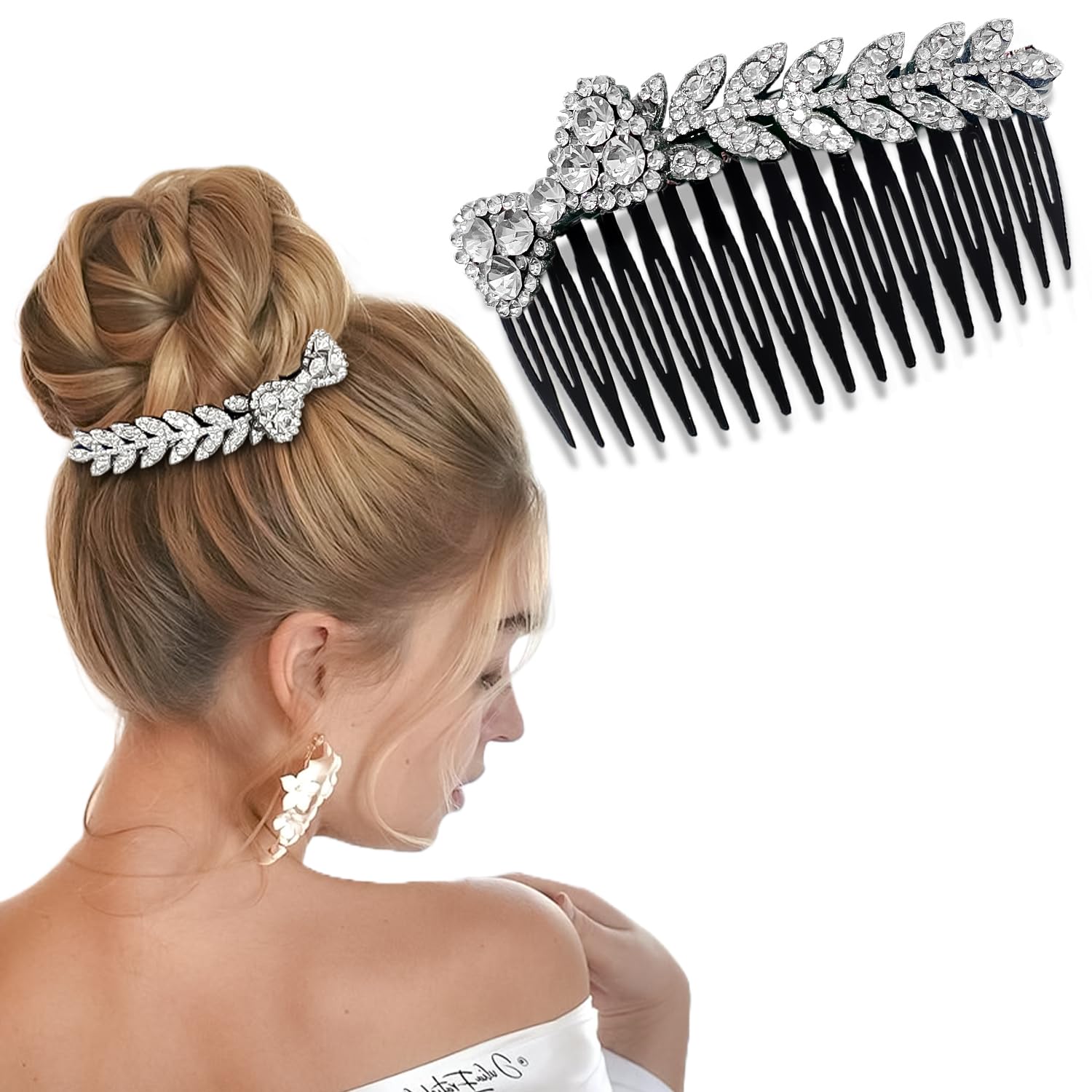 Lykaa Beautiful Crystal Leaf Juda Hair Comb For Women And Girls | Designer Rhinestone Hair Accessories For Bun, Party & Bridal Hairstyles | Decorative Juda Comb For Weddings And Festive Look โ 1 PCS (Sliver)