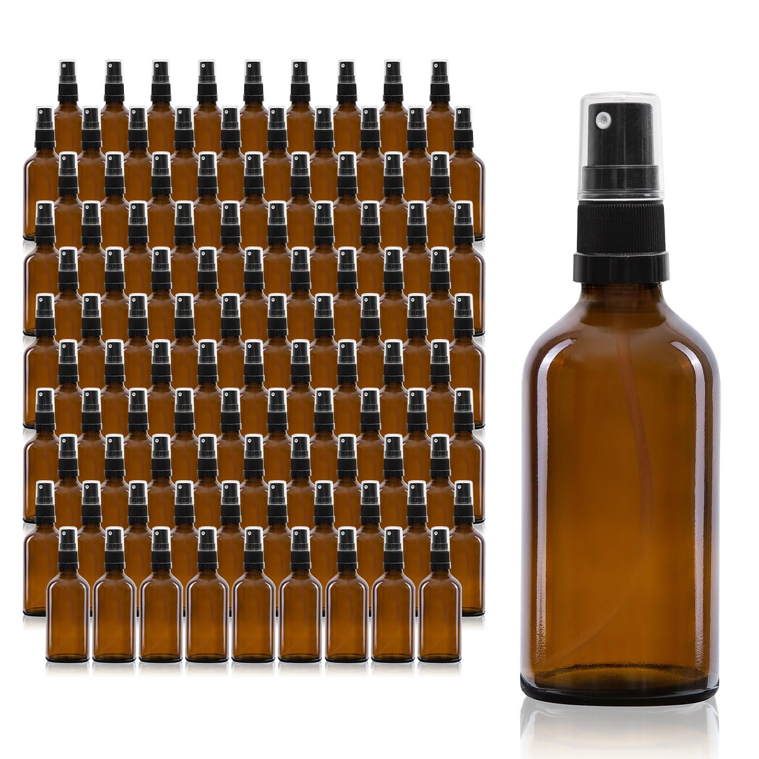 Oputec Lot de 105 flacons pulvérisateurs en verre de 50 ml avec vaporisateur : grand paquet de flacons en verre marron avec tête de pulvérisation fine - Flacons pulvérisateurs à pompe - Fabriqué en