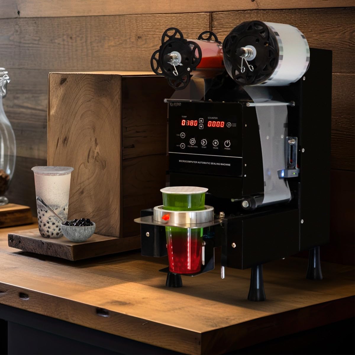 Machine à sceller les tasses électrique 500 W entièrement automatique sous vide Panneau LCD en acier commercial Bubble Milk Tea Coffee Smoothies Papier plastique 90 mm 95 mm de diamètre 500-650 tasses