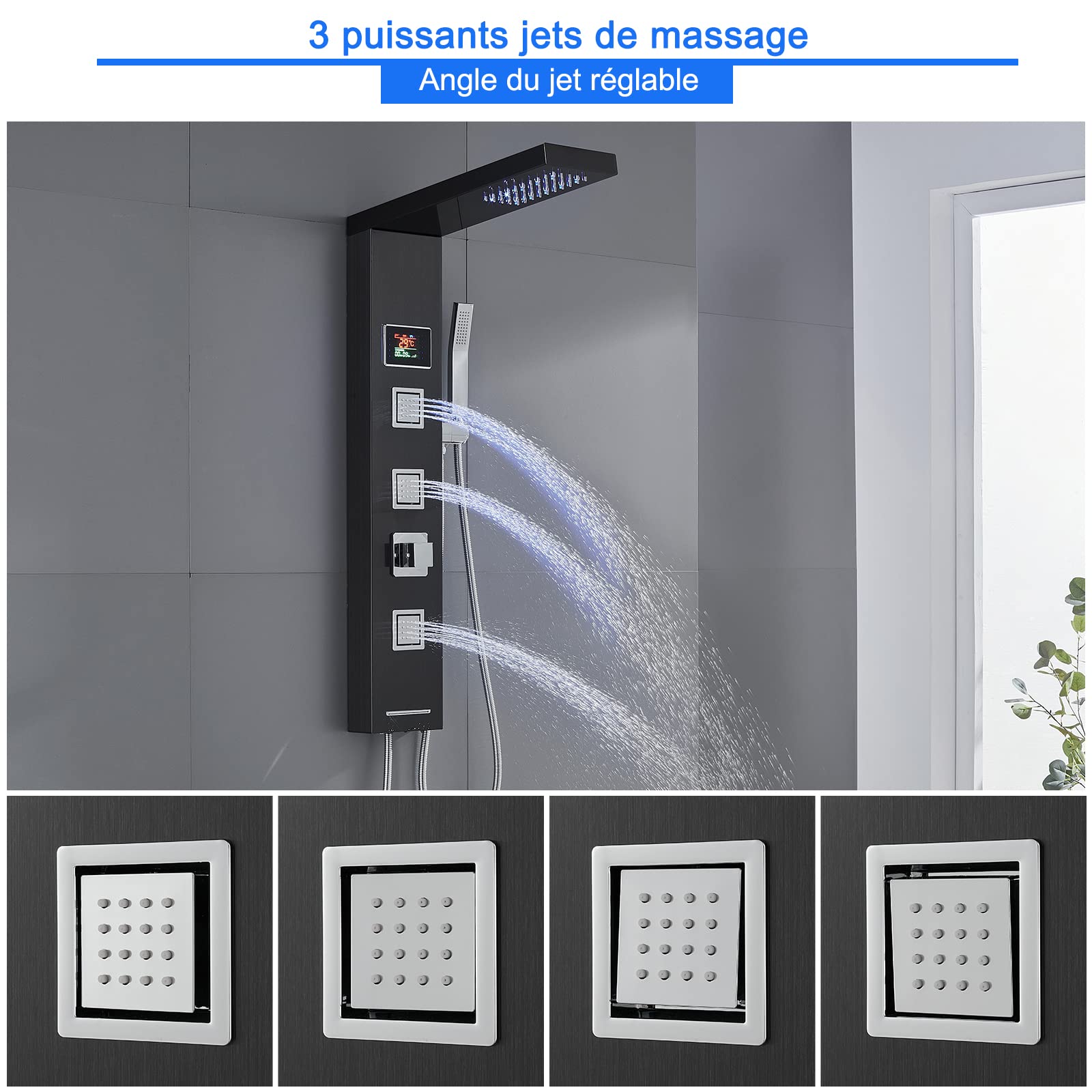 ROVOGO Panneau Colonne de Douche Hydromassante Led sans Robinetterie, 5 Fonctions: LED Douche Pluie, Jet de Massage, Douchette, Bec Bain déverseur et Affichage de La température, Acier Inox 304, Noir
