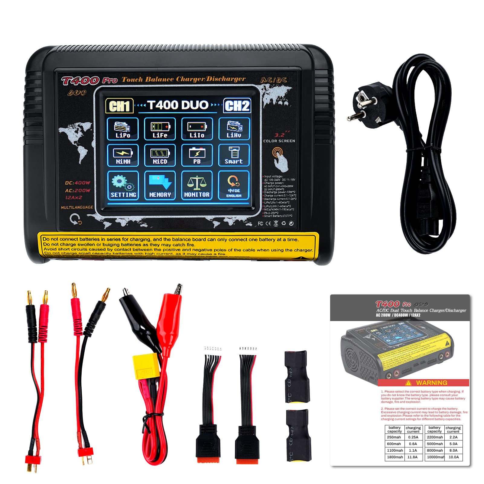 Caricabatterie lipo RC Batteria equalizer Ricarica doppia DC/AC 11-18V 400W 100-240V 200W Rilevamento Auto LiPo/Lilon/Life/NiMH/NiCd/PB/NiMH Touchscreen LCD 3,2 pollici 12A (T400)