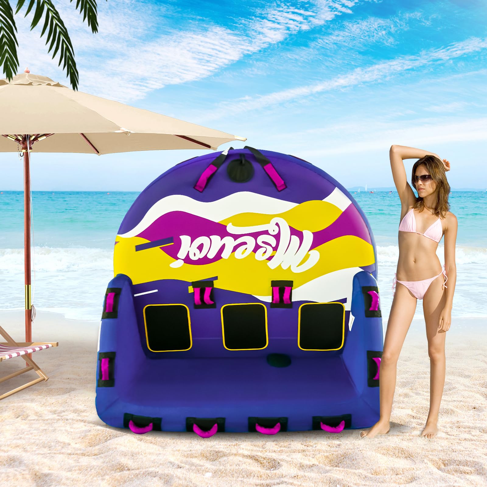 MSEUOI Inflatable Water Towable Tube for Boats Heavy-Duty 1-3 Rider Tow Tube with Reinforced Handles, Quick-Connect Tow Rope, Rapid Air Valve (Bright Blue Mutil, 3)