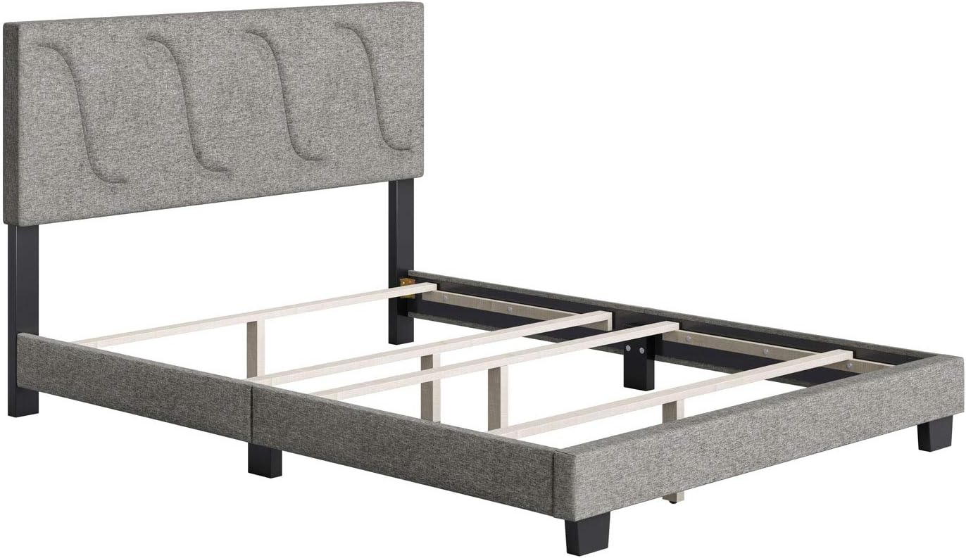 Boyd Sleep VMI0405GYEK Aberdeen Linen Upholstered King Size Platform Bed Frame with Decorative Design Headboard and Wood Slat Supports, Grey