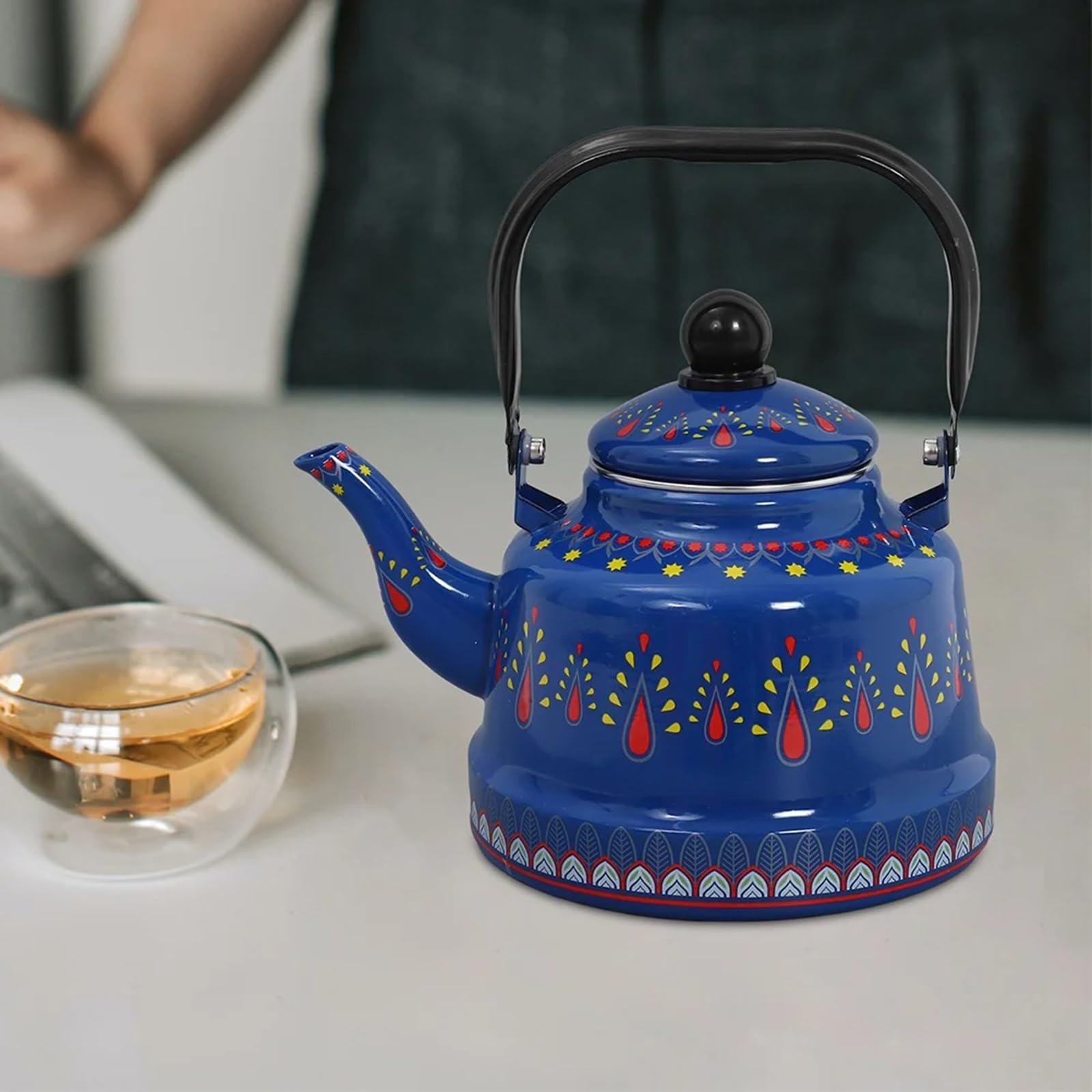 Vintage Enamel Tea Kettle with Ergonomic Folding Handle Camping Coffee Pot for Gas and Induction Stoves(Blue,1.1L)