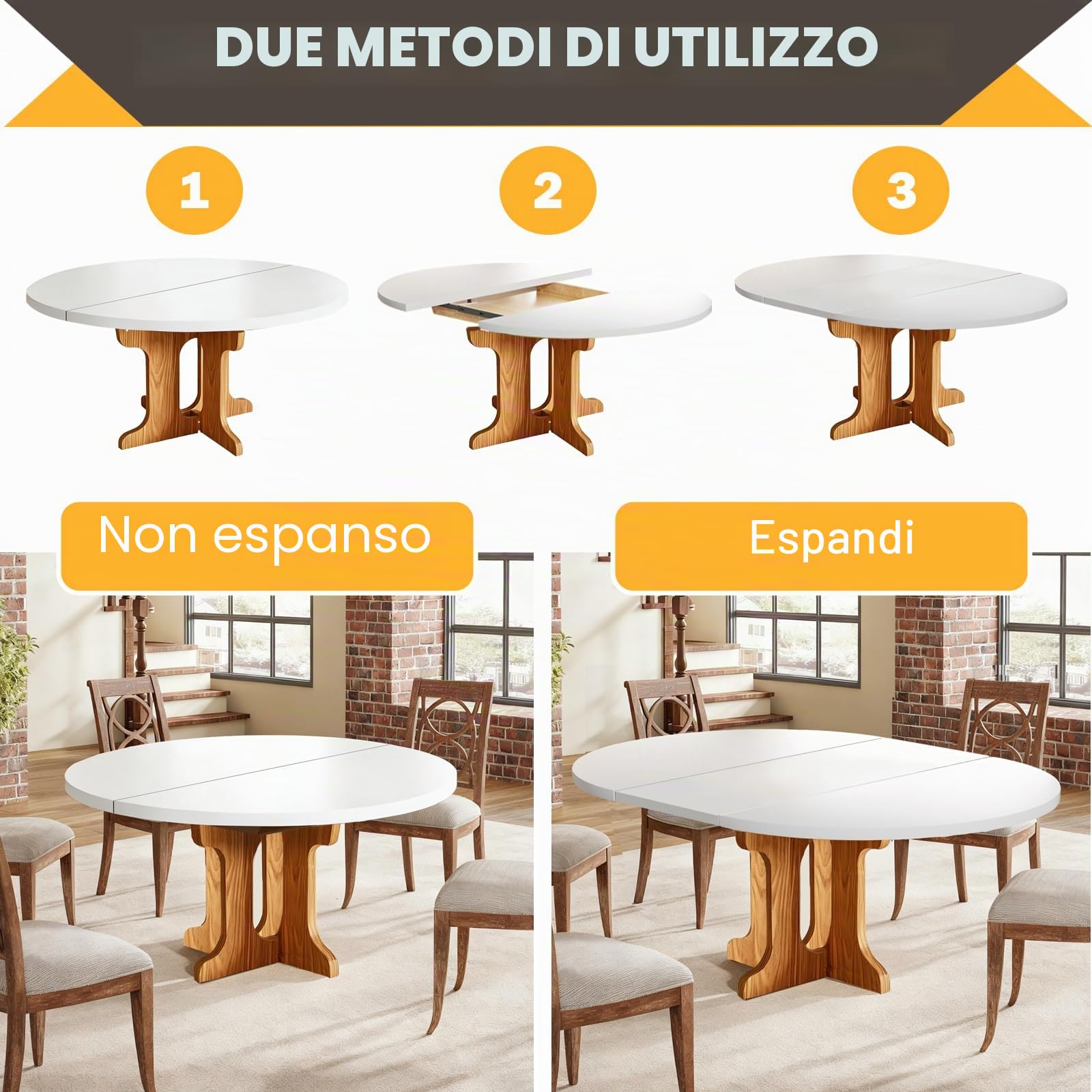 TWSOUL Tavolo da pranzo, tavolo da cucina estraibile, a 3 livelli, tavolo da pranzo rotondo, per 2-8 persone, per soggiorno, sala da pranzo, cucina, 90-120 x 90 x 75 cm