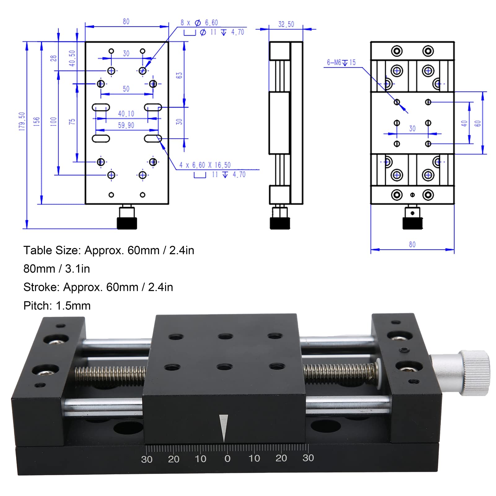 Plataforma deslizante de ajuste fino de manual de platina lineal de ejes X Mesa deslizante Mesa deslizante de aleación de aluminio SP80A-DB60 para dispositivos de medición Suministros industriale