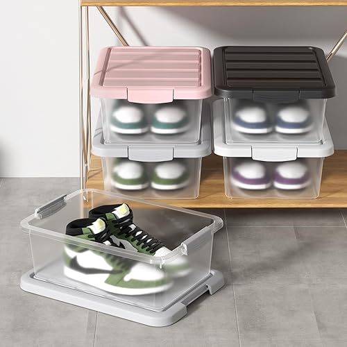 Miniatura 7 de Contenedor de almacenamiento transparente con tapa, organizador de contenedores apilables de plástico, mediano, 14 cuartos de galón, gris, paquete