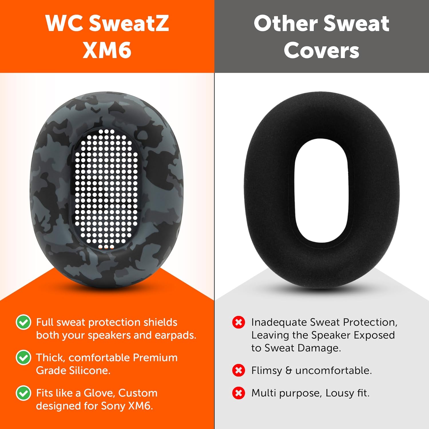 WC SweatZ XM6 – Patented Silicone Earpad Sweat Covers Compatible with Sony WH-1000XM6 by Wicked Cushions | Sweatproof & Easily Washable | Black Camo - Image 3