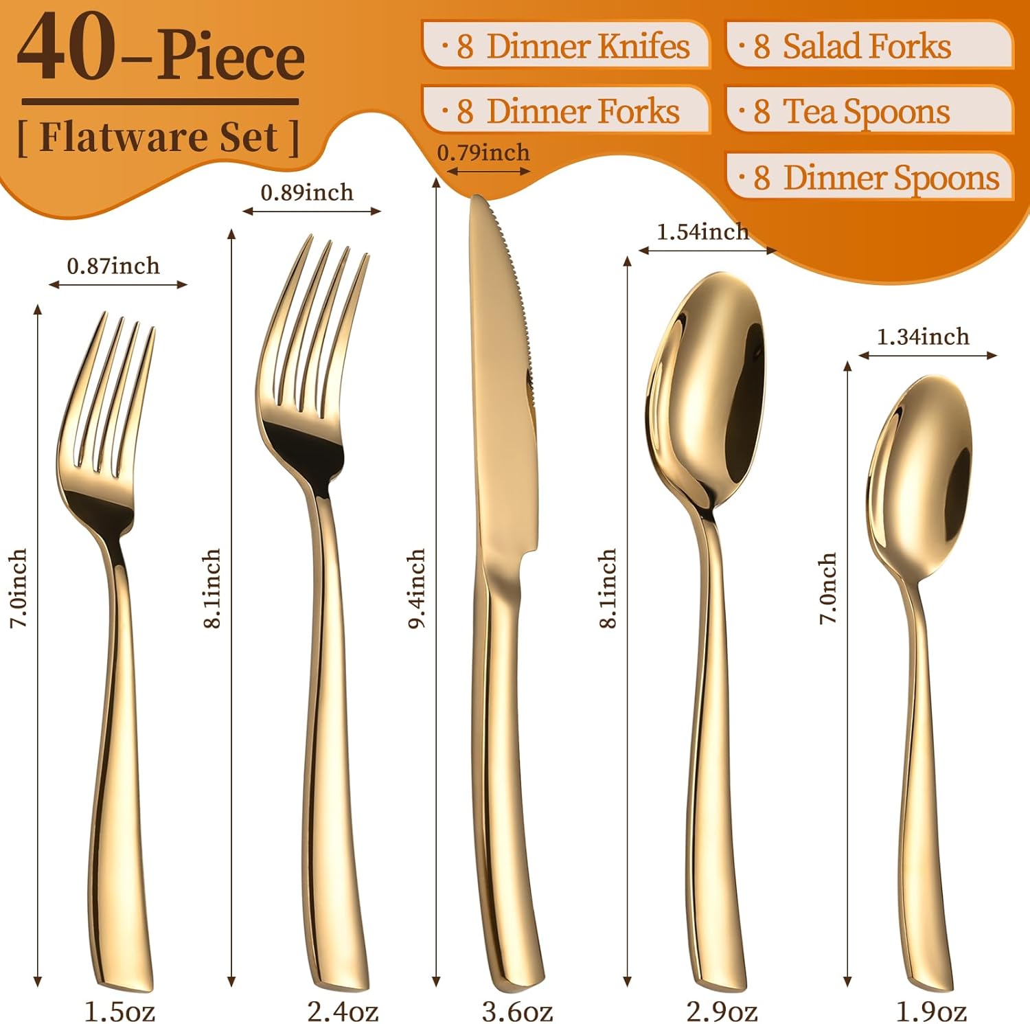 40-Piece Gold Silverware Set, Heavy Duty Stainless Steel Flatware Cutlery Set Service for 8, Food-Grade Utensil Sets for Home Restaurant, Dishwasher Safe 40 Gold